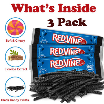Redvines Black Licorice Twists Chewy Candy, 3 Pack, Original Fat Free Licorice, Soft Black Licorice Flavor Candy Movie Tray, Bul