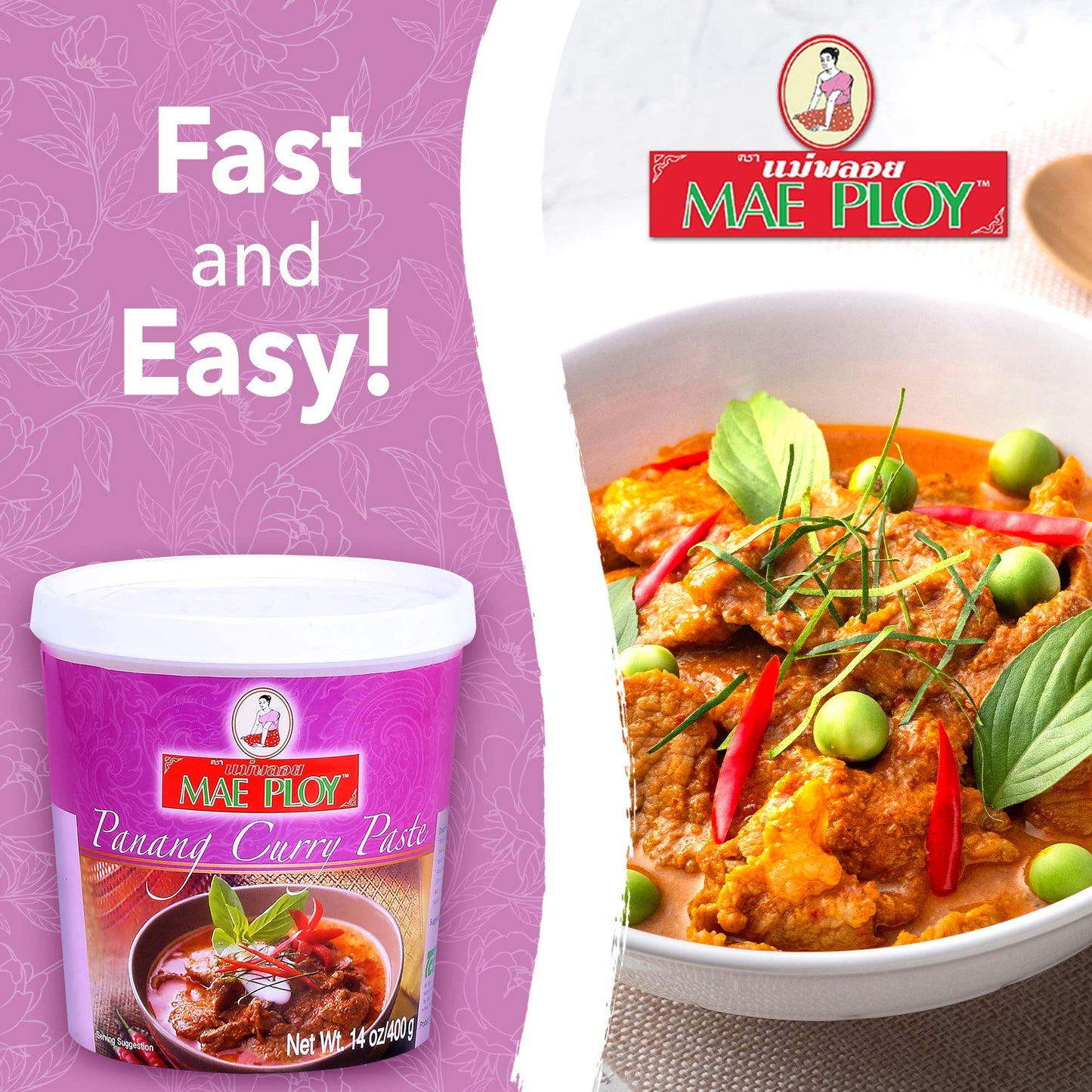 Mae Ploy Panang Curry Paste, Authentic Thai Panang Curry Paste for Thai Curries & Other Dishes, Aromatic Blend of Herbs, Spices