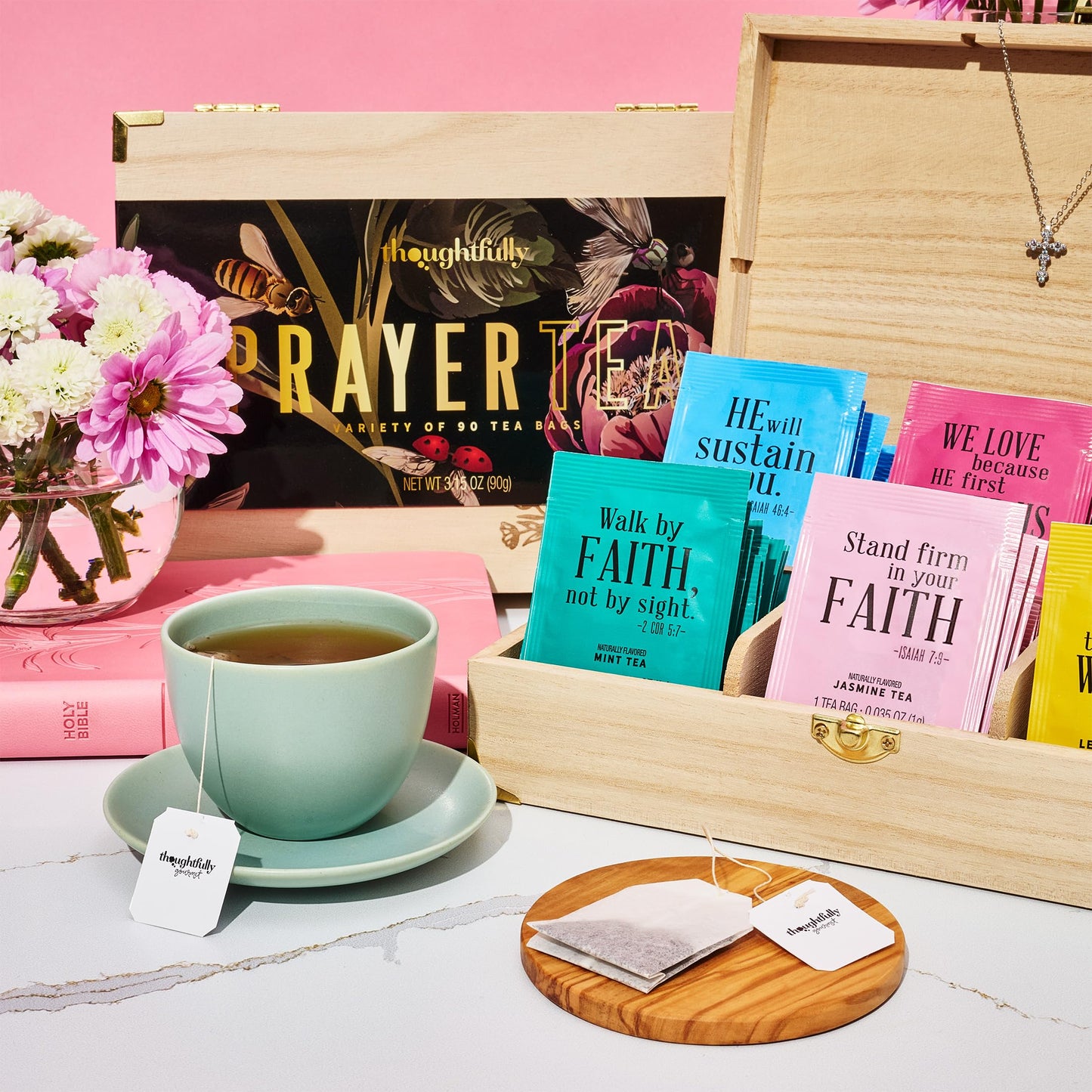 Thoughtfully Gourmet, Christian Prayer Tea Gift Set With Bible Verses, Includes 90 Teas In 6 Flavors In Enhanced Wooden Box, Religious Gifts For Women, Mom, Sister, Friend