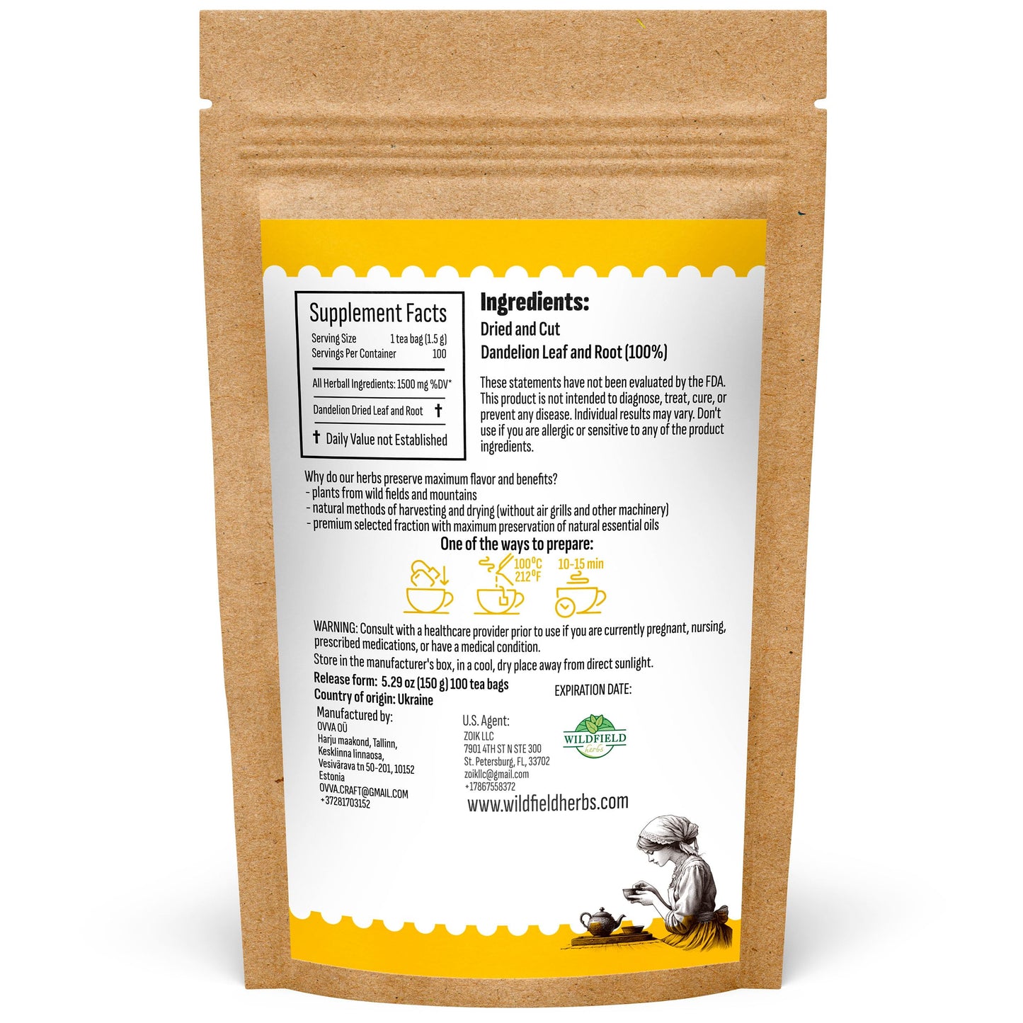 100 Bags Dandelion Root Tea Dandelion Tea Herbal (Taraxacum Officinale) - 100 Count 1.5G Bags Dried Herb Ra  Z De Diente De Le