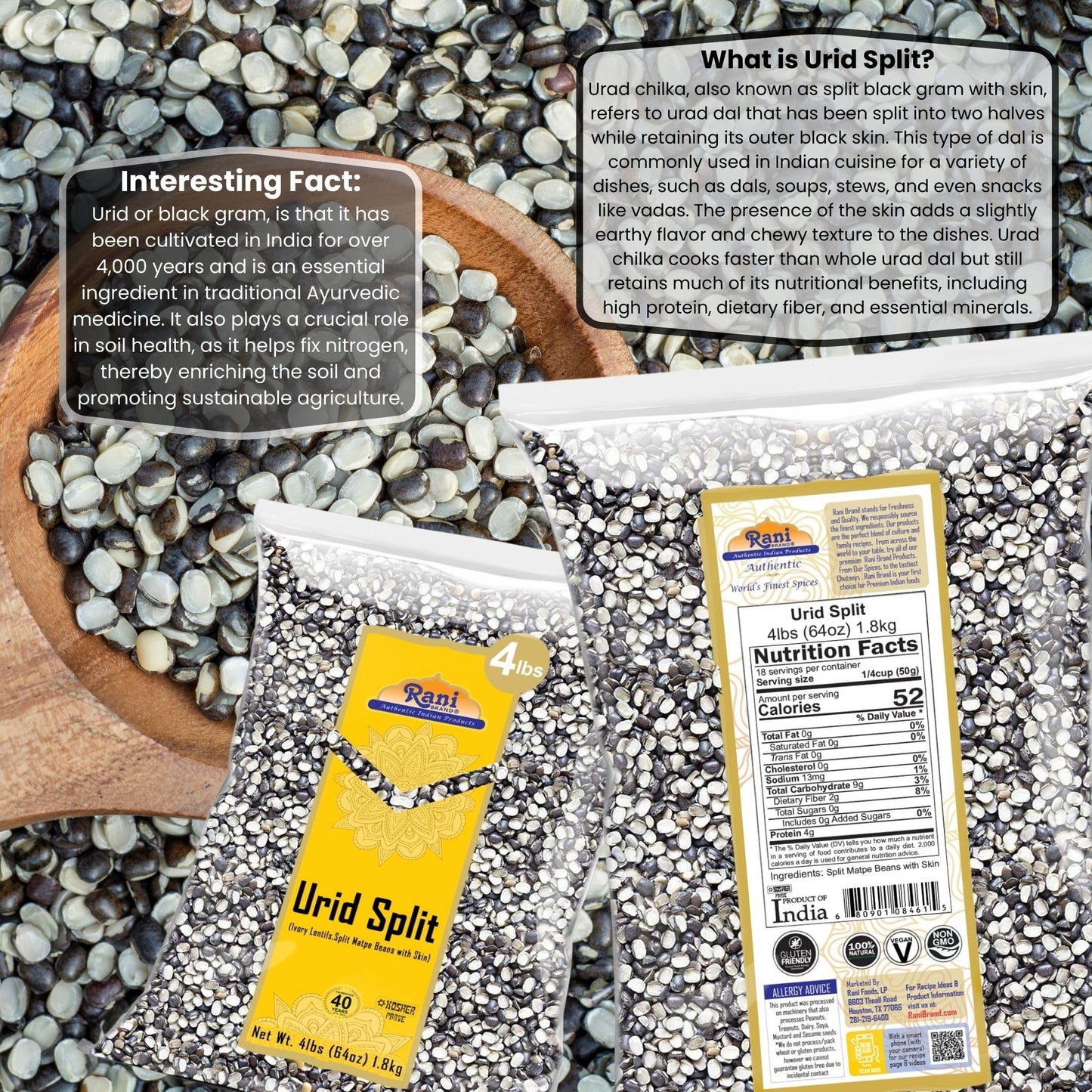 Rani Urid/Urad Split Chilka (Split Matpe Beans With Skin) Indian Lentils 64Oz (4Lbs) 1.81Kg Bulk ~ All Natural | Gluten Friendly
