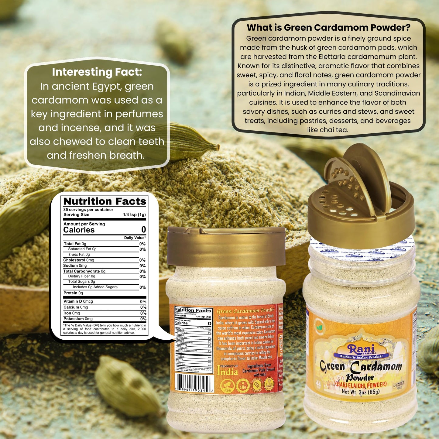 Rani Green Cardamom Pods Powder, Ground With Green Husks (Hari Elachi) 3Oz (85G) Pet Jar ~ All Natural | Vegan | Gluten Friendly