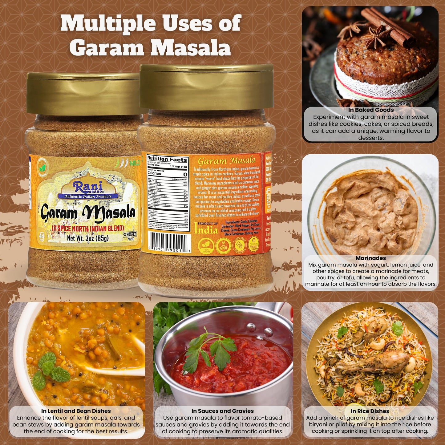 Rani Garam Masala 11-Spice Blend 3oz PET Jar - All Natural, Salt-Free, Vegan, Gluten Friendly, Non-GMO, Kosher