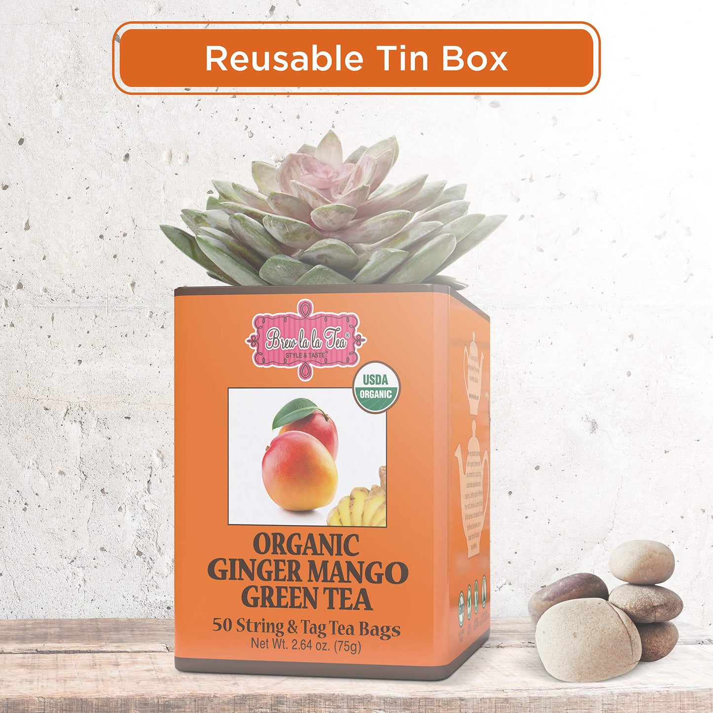 Brew La La Organic Green Tea - Ginger Mango Flavor - 50 Tea Bags - Low Caffeine - USDA Certified Organic