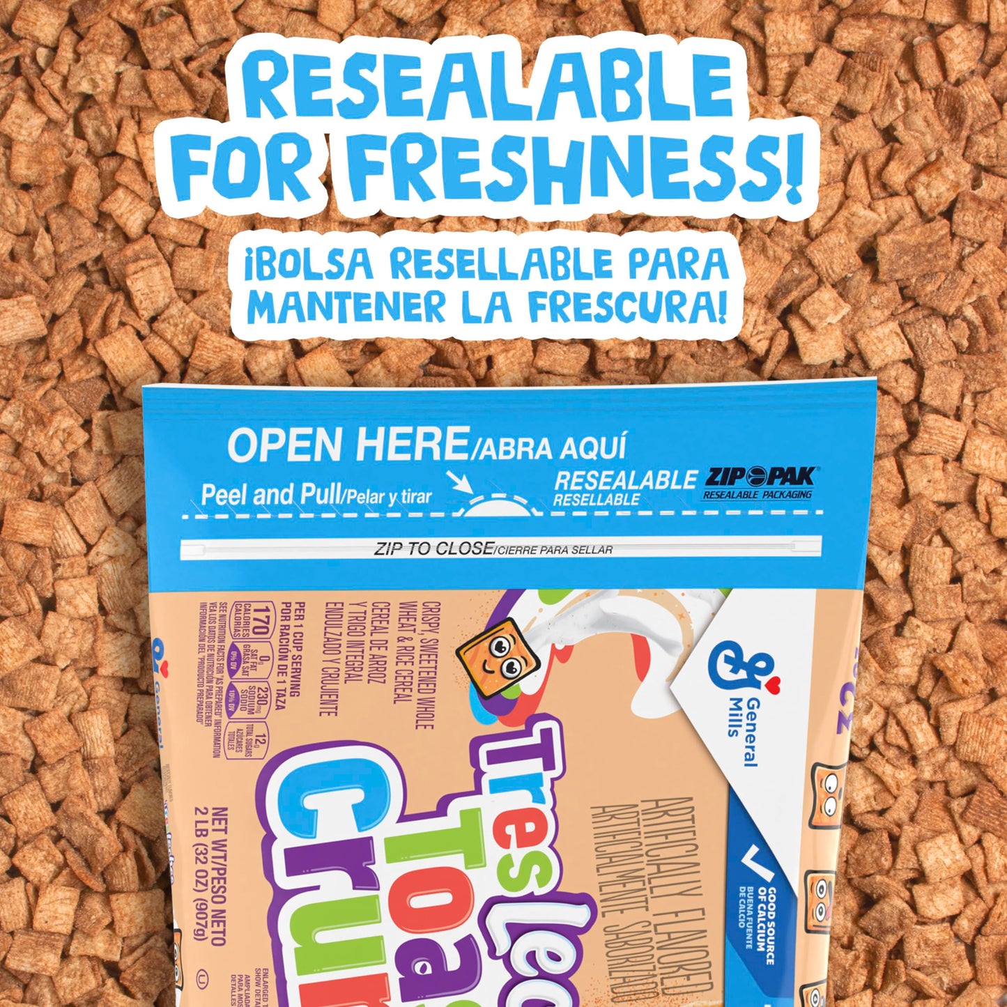 Tres Leches Toast Crunch Breakfast Cereal, Crispy Tres Leches Flavored Cinnamon Cereal, Resealable Bag, 32 Oz