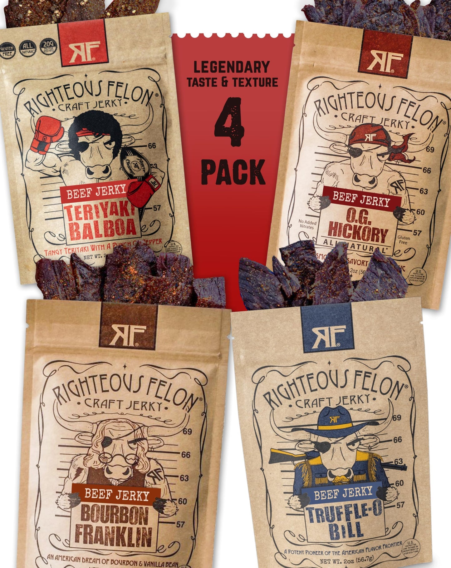 Righteous Felon Beef Jerky - All-Natural Low-Sugar Healthy Snack - 8 Ounce Sampler Pack