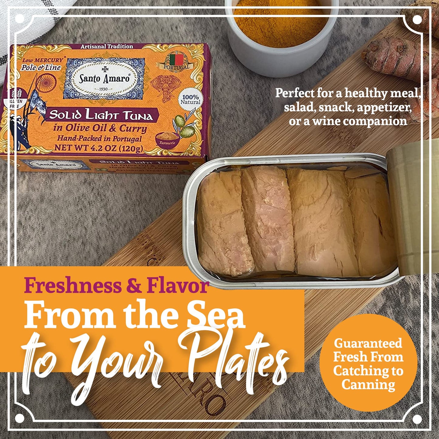 Santo Amaro Artisanal Wild Tuna Fillets in Olive Oil & Turmeric Curry, 4.2 oz (Pack of 3), Pole and Line Caught, 22g Protein