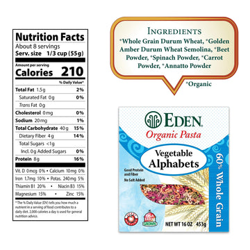 Eden Organic Pasta, Vegetable Alphabets, 16 Oz