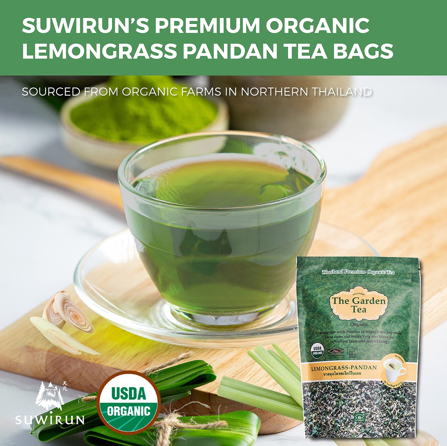 Suwirun Organic Lemongrass And Pandan Tea Bags - Pure Organic Herbal Tea Thai Herbal Tea Bags Pandan And Lemongrass Tea Bags (25