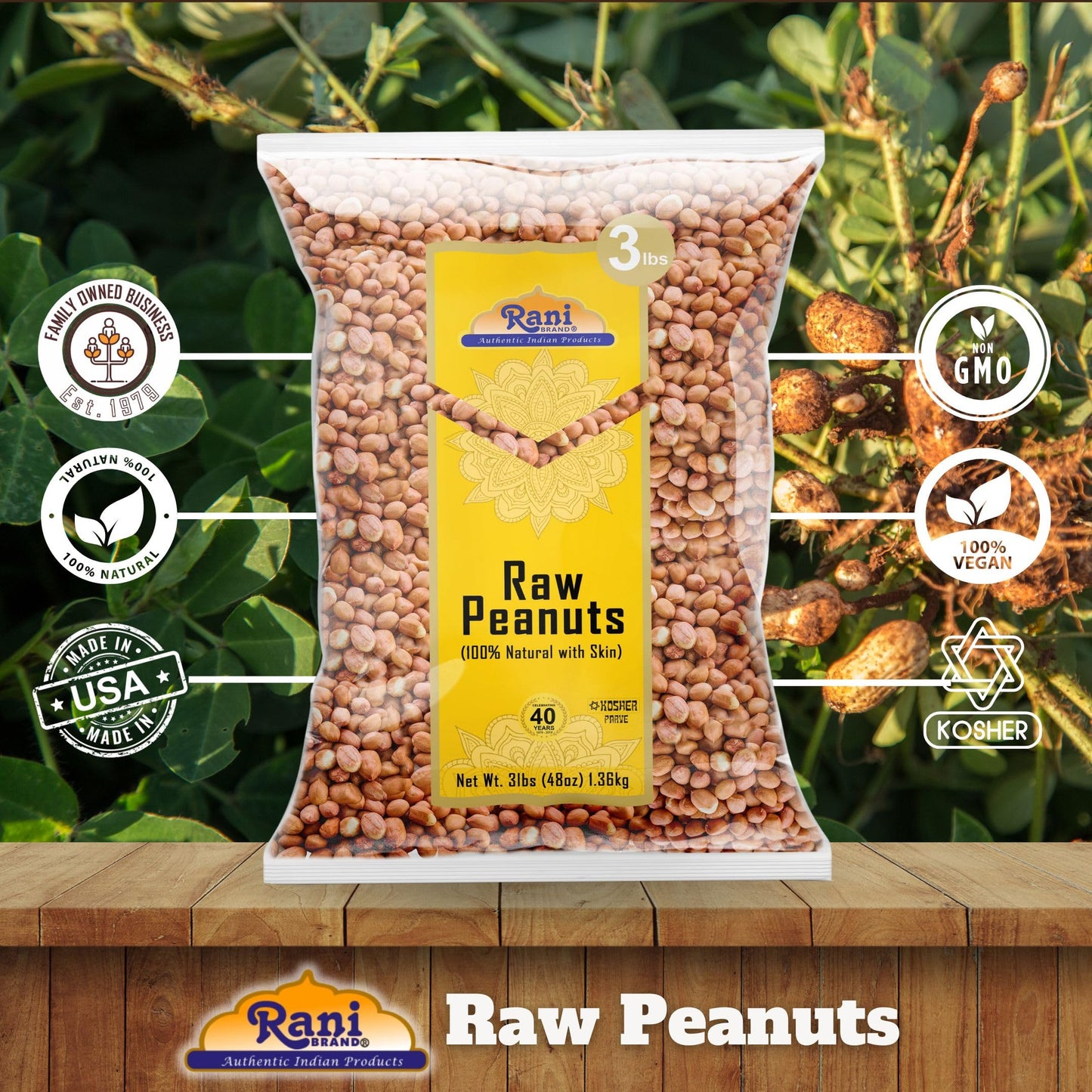 Rani Peanuts, Raw Whole With Skin (Uncooked, Unsalted) 48Oz (3Lbs) 1.36Kg Bulk ~ All Natural | Vegan | Gluten Friendly | Fresh Product Of Usa ~ Spanish Grade Groundnut / Red-Skin