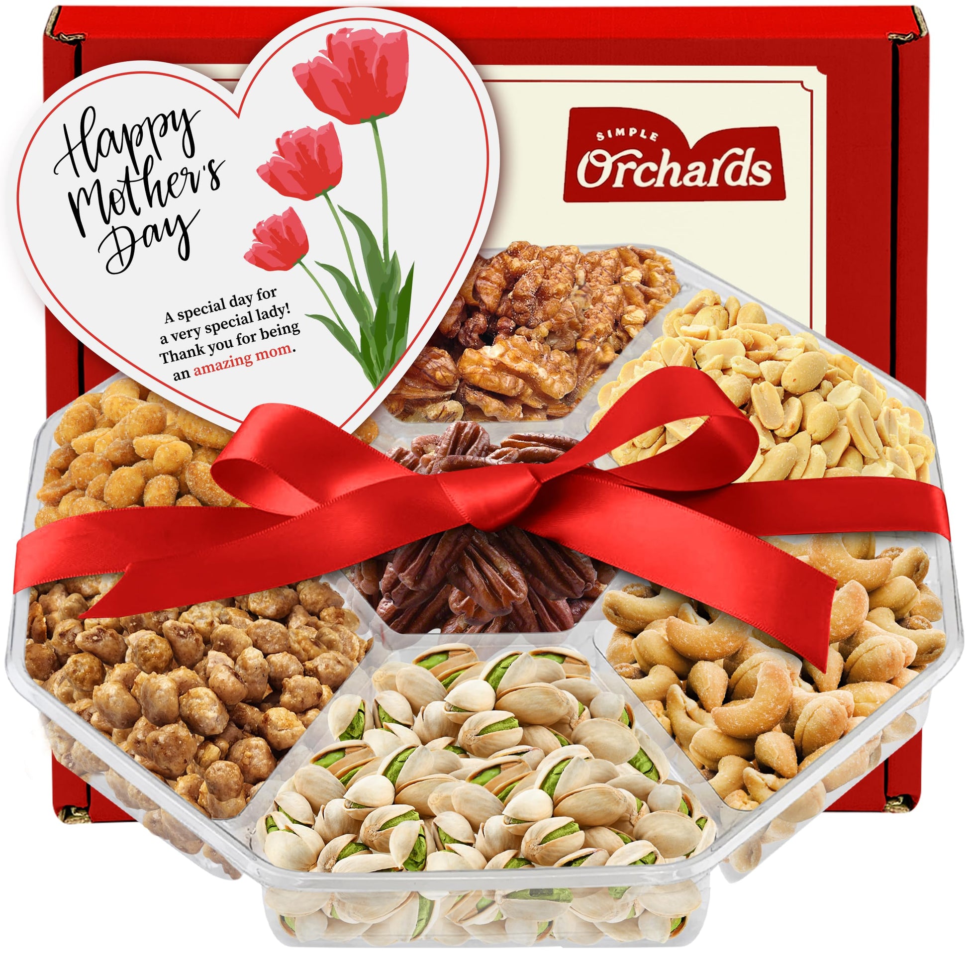 Mother's Day Nuts Gift Basket, 7 Sectional Mothers Day Gift Basket with Cashews, Pistachios, Walnuts, Honey Glazed Pecans, Toffe