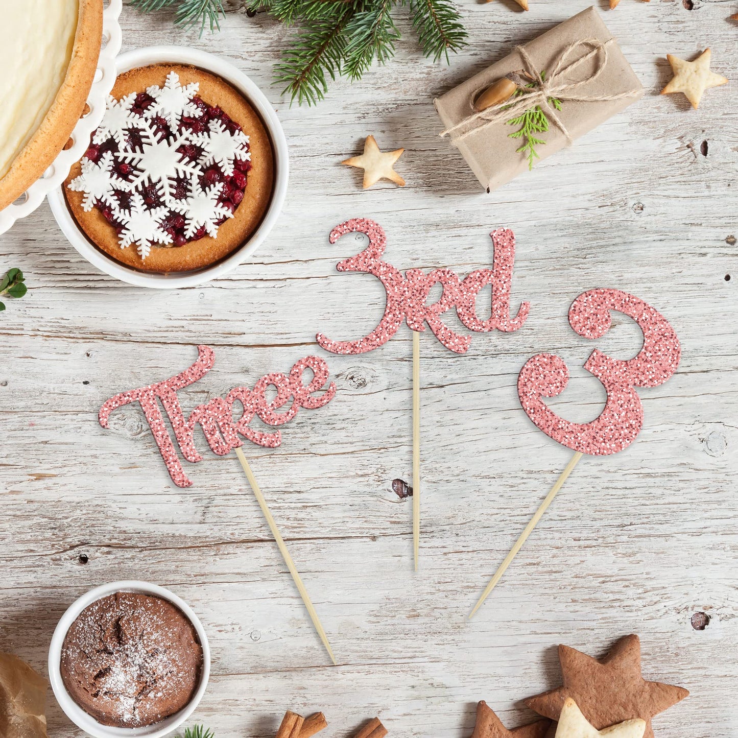 24 Pack Three Cupcake Toppers Glitter 3rd Birthday Cupcake Picks for Baby Shower Third Birthday Party Cake Decorations Supplies
