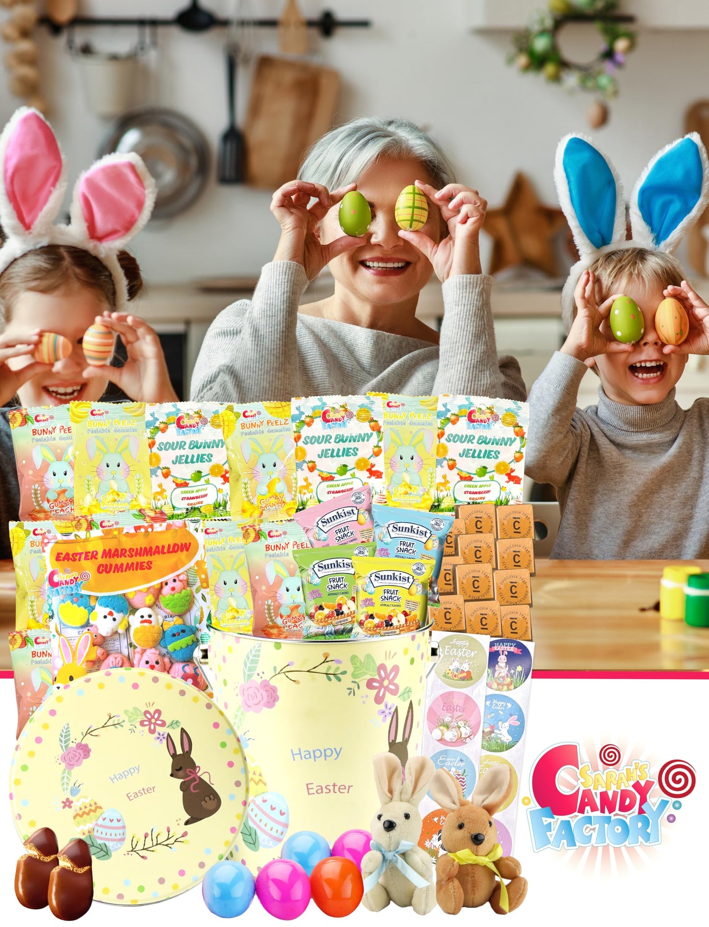Easter Snack Yellow Tin (60 Count) Filled With Treats, Peelable Gummies, Easter Marshmallow Gummies, Plush Easter Bunny, Great P