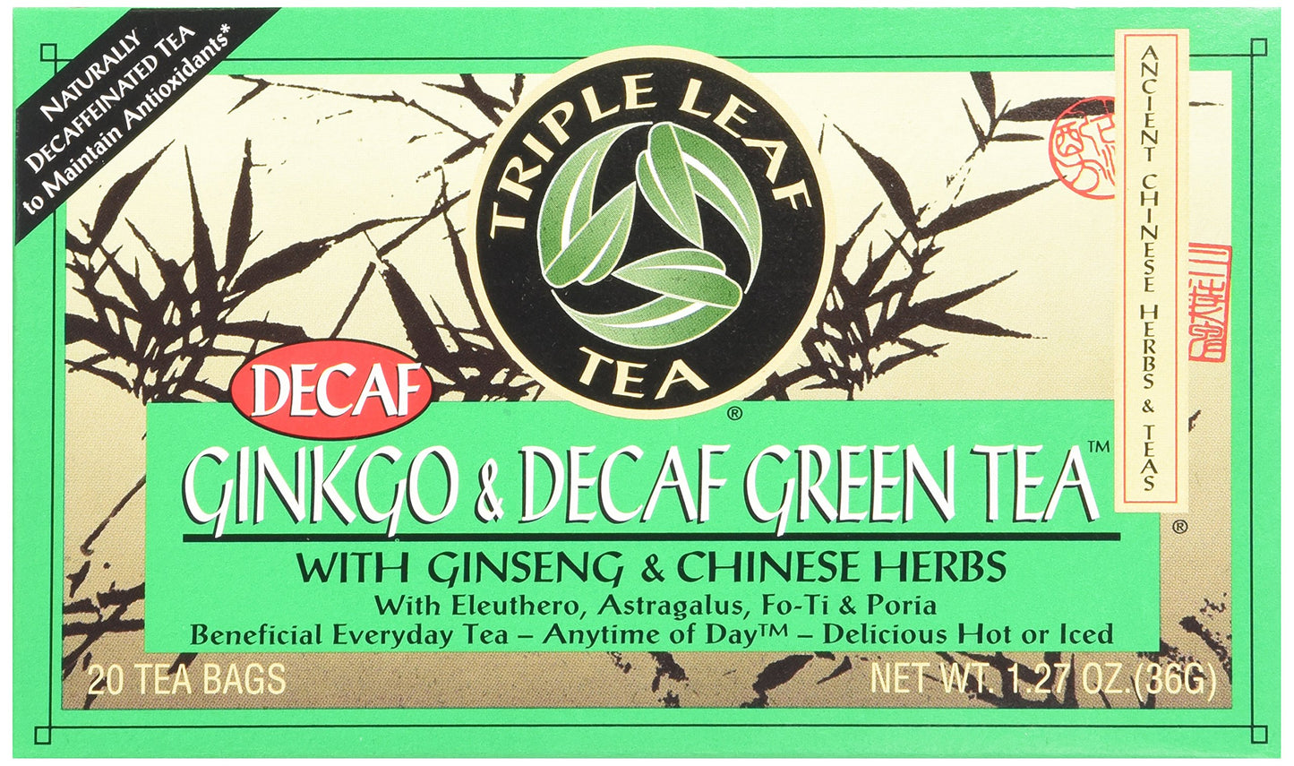 Triple Leaf Tea Ginkgo & Decaf Green Tea, 20 Tea Bags, Pack of 6, 1.27 OZ