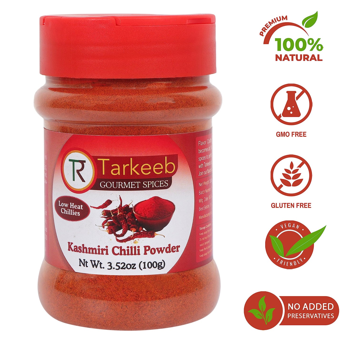 Tarkeeb Kashmiri Chili Powder (Deggi Mirch, Low Heat) 3.52 Oz (100G) Shaker Top Pet Jar | Authentic Indian Spice | All Natural |