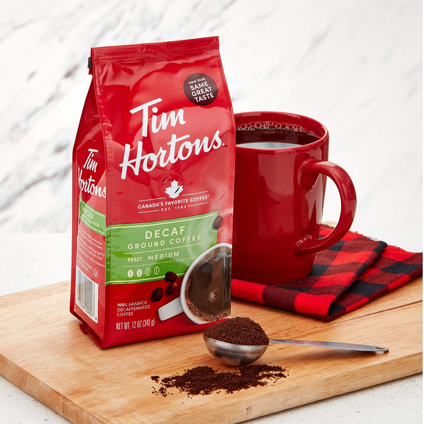 Tim Hortons Decaf Blend  Medium Roast Ground Coffee  Perfectly Balanced  Always Smooth  Made with 100% Arabica Beans  72 Ounce (6 x 12 oz Bags)