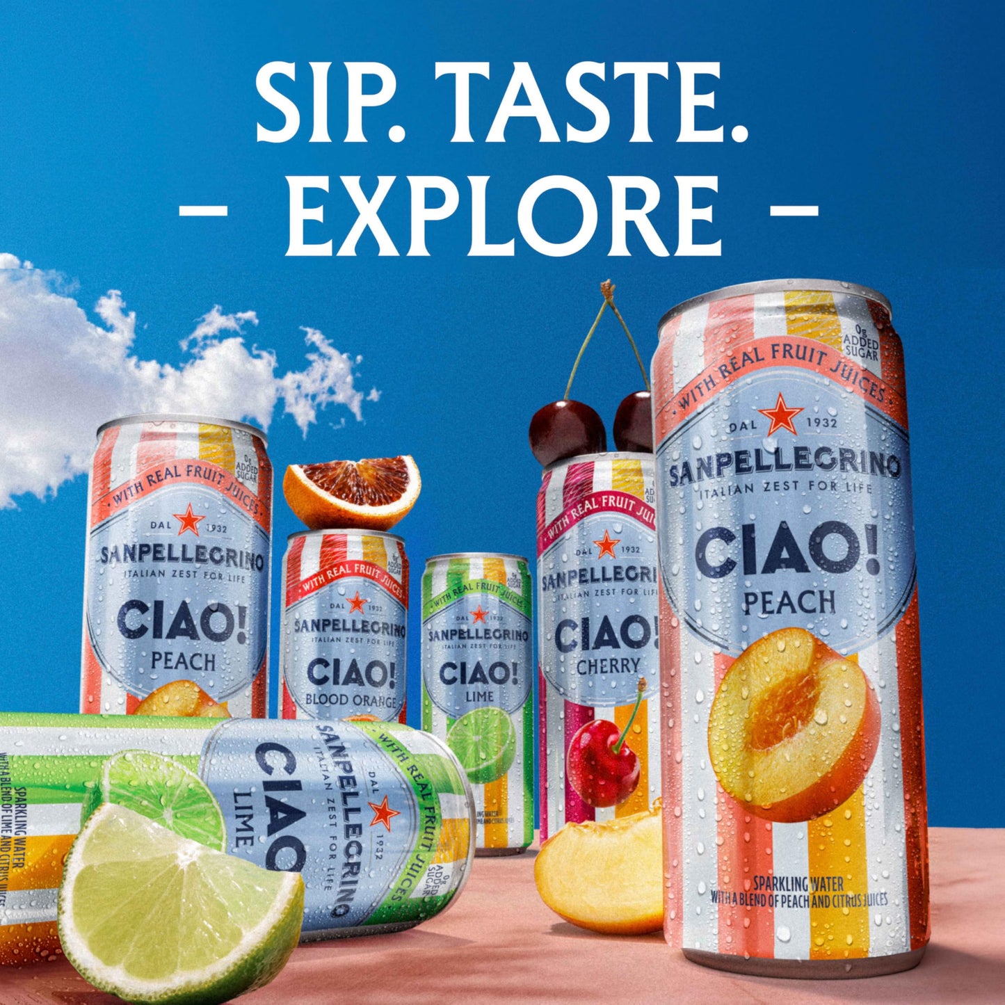 Sanpellegrino Ciao Cherry Sparkling Water, Low-Calorie Italian Sparkling Water With Real Fruit Juices, 0G Added Sugar, 24-Pack