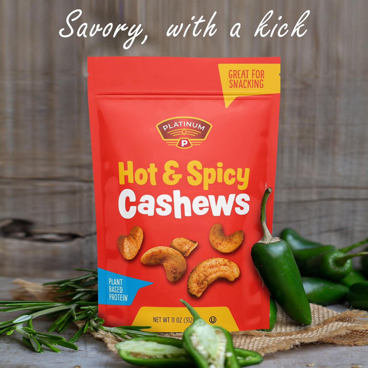 Platinum Hot & Spicy Cashews - Plant Based Snack - 11 oz Resealable Pouch