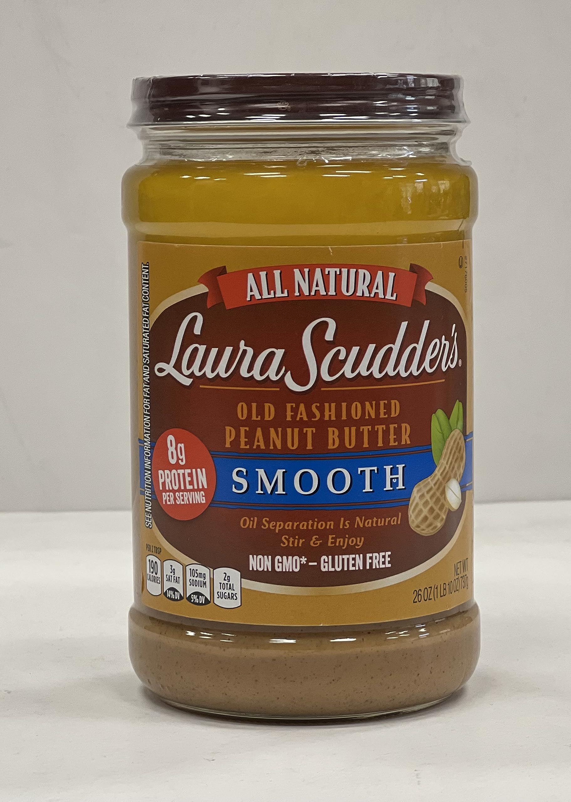 Laura Scudders Old Fashioned Natural Smooth Peanut Butter, 26-Ounce Glass Jars (Pack of 3)