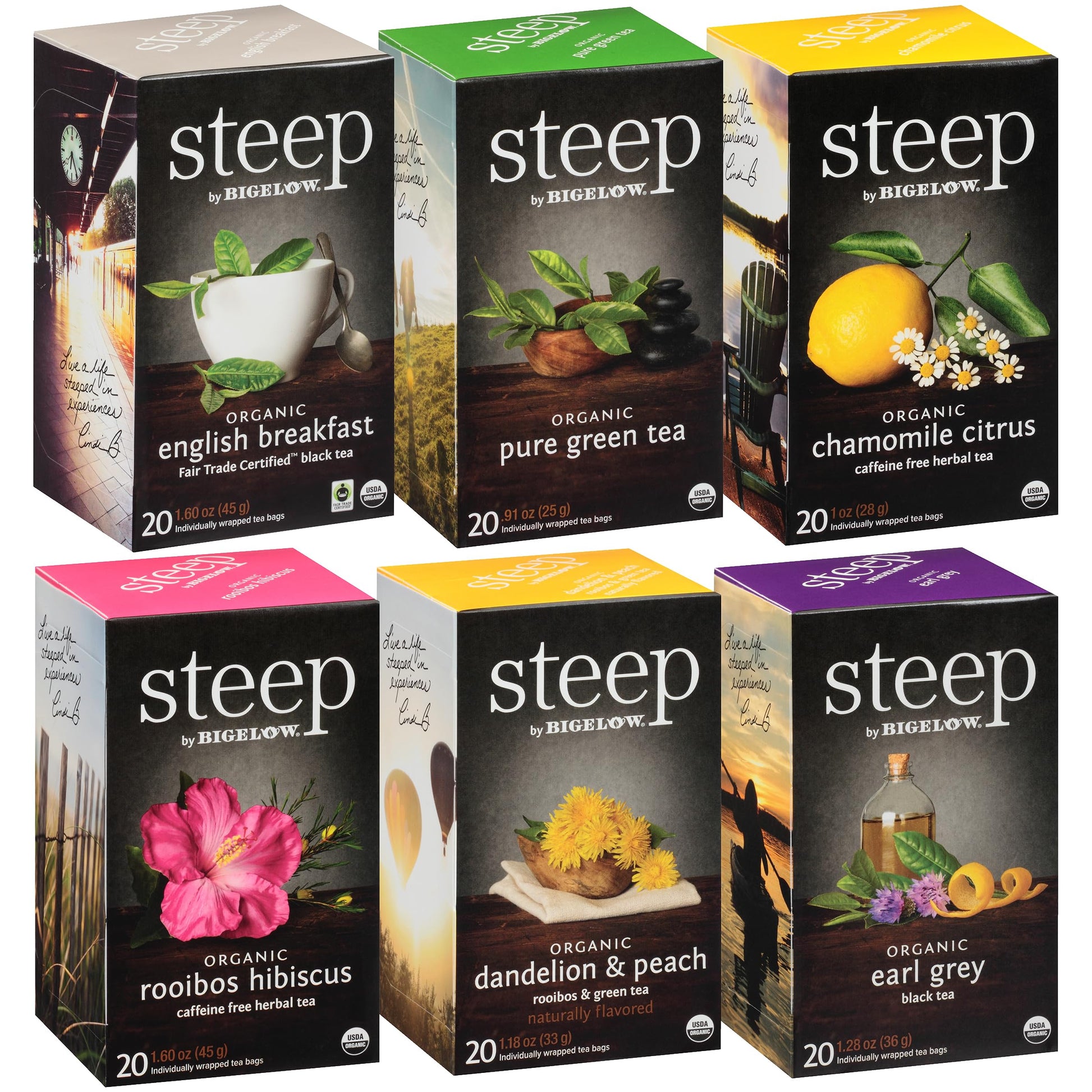 steep by Bigelow Organic Teas Variety Pack, 6 Flavors, Caffeinated & Caffeine Free, 120 Total Tea Bags, 20 Count (Pack of 6)