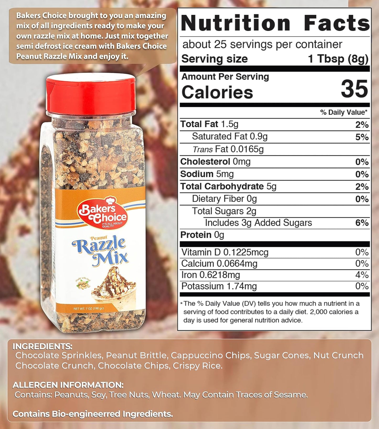 Peanut Razzle Crunch Topping - Chocolate, Caramel, Butterscotch And Peanut Mix - Sprinkles For Ice Cream Sundae Toppings - 7 Oz. - Dairy Free, Kosher - Baker’S Choice
