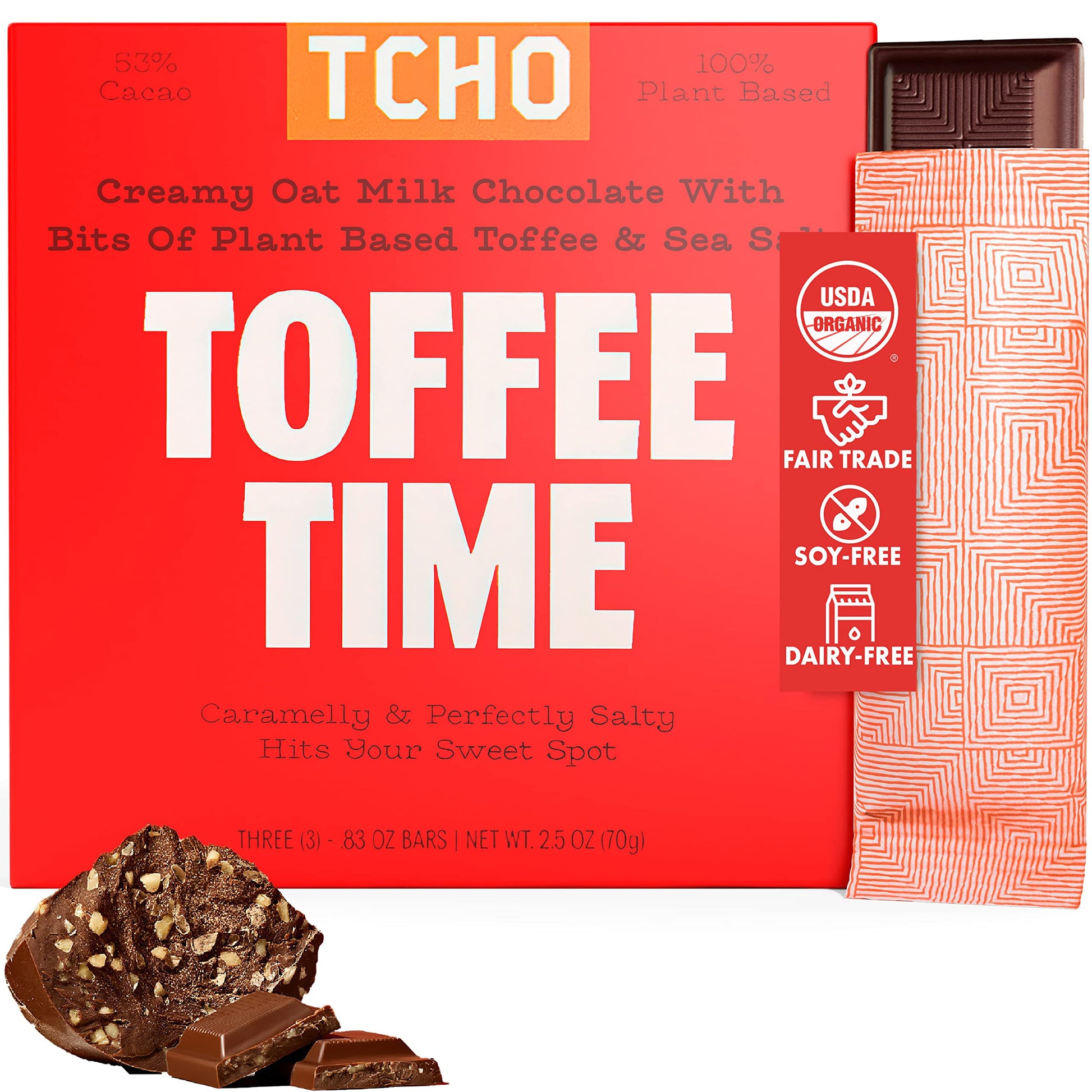 TCHO Organic Toffee Time Oat Milk Chocolate with Sea Salt - 100% Plant-based, Vegan, Soy-Free, Gluten-Free, Pure Cacao Bars - Sw