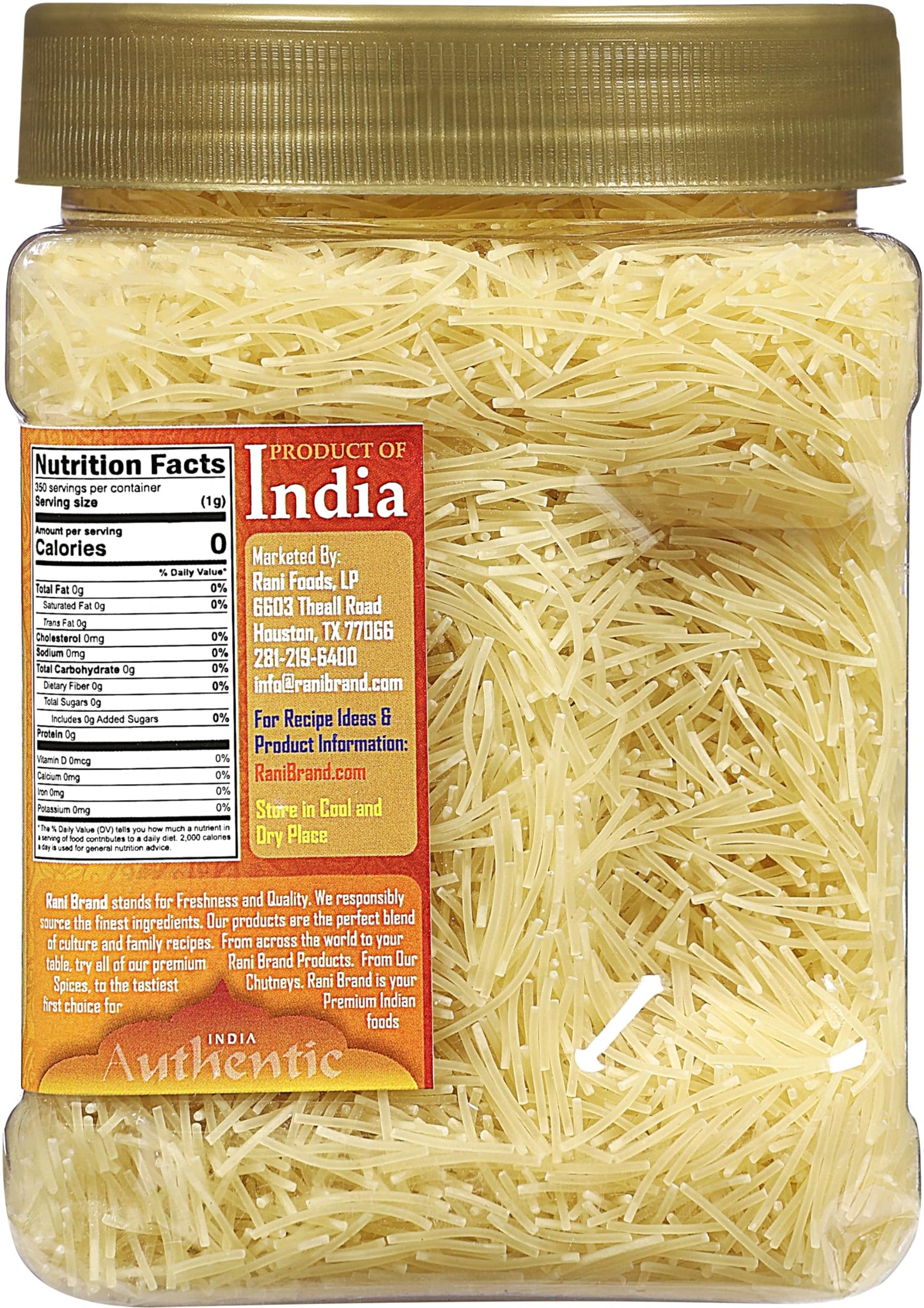 Rani Plain Vermicelli (Wheat Noodles) 12.25Oz (350G) Pet Jar ~ All Natural | Vegan | Non-Gmo | Kosher | Indian Origin