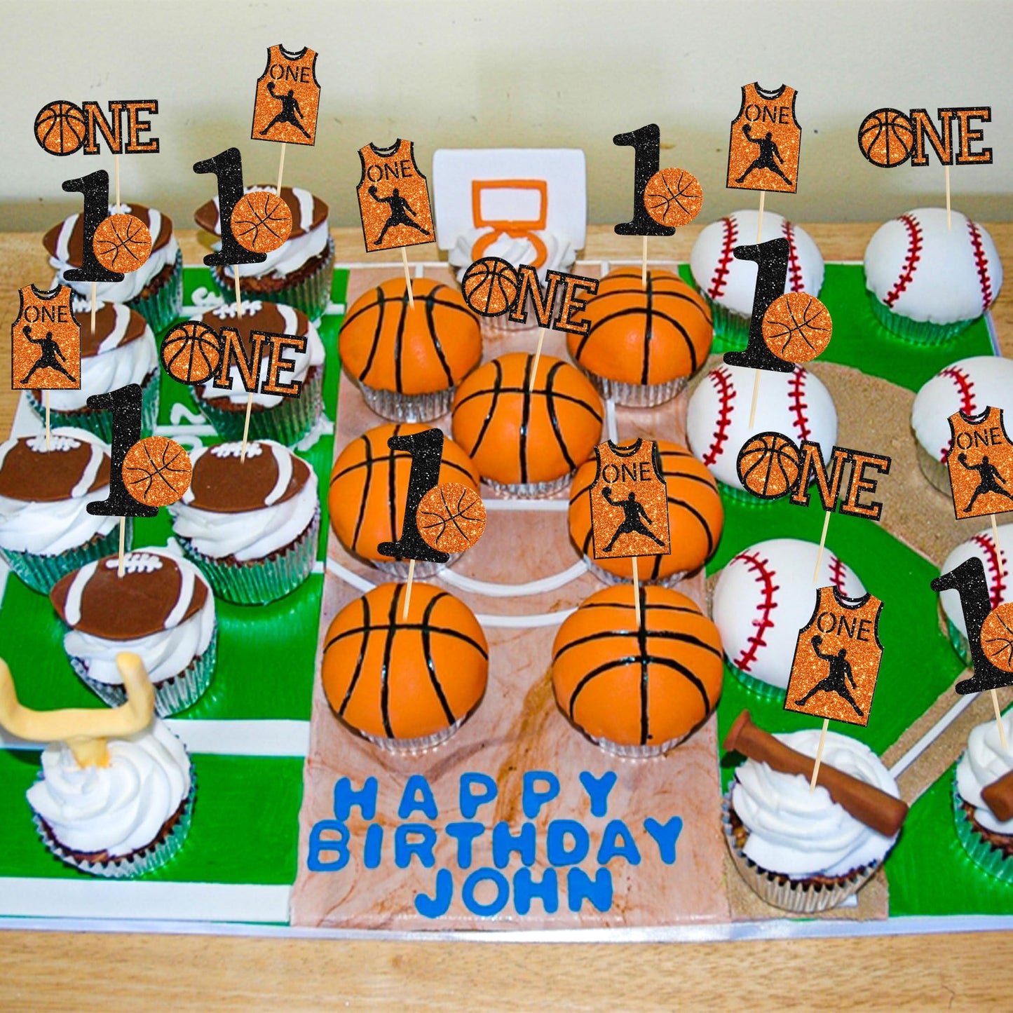 24Pcs Basketball One Cupcake Toppers Glitter Number 1 First Birthday Basketball Cupcake Picks For Basketball Sports Theme Baby S