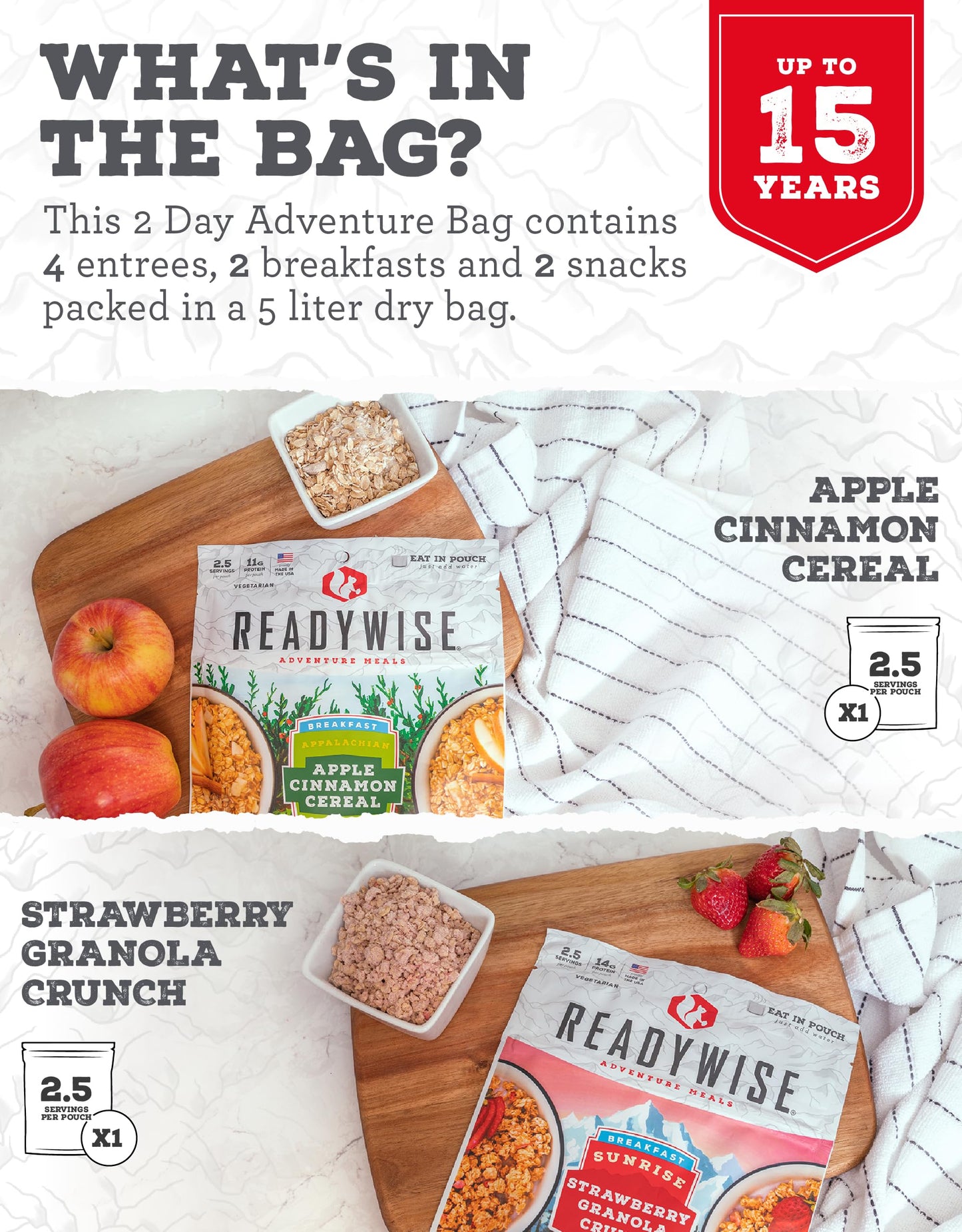 Readywise 2-Day Adventure Bag | Freeze-Dried Backpacking & Camping Food | Waterproof Dry Bag | 23 Servings