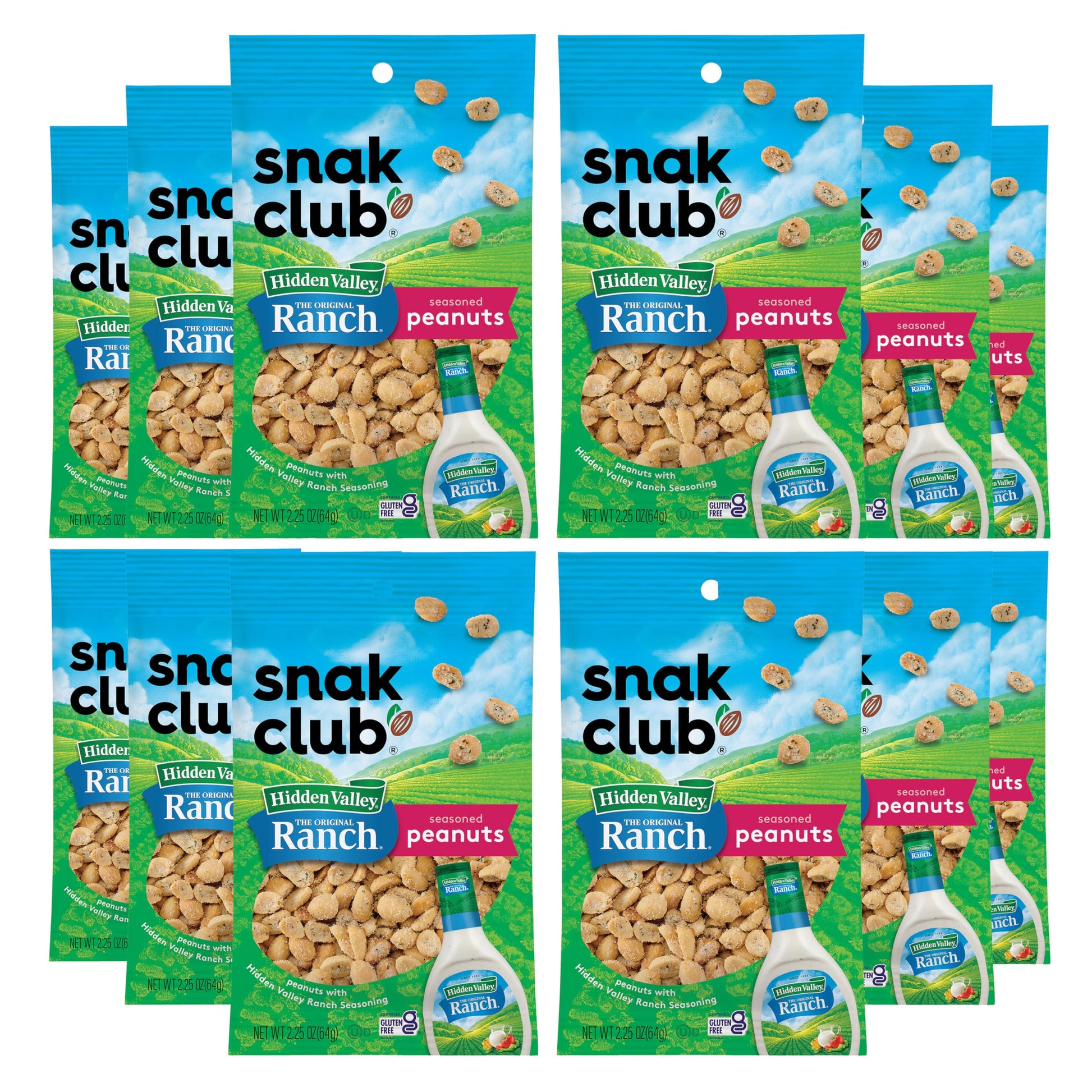 Snak Club Peanuts with Hidden Valley Ranch Seasoning, Roasted Nuts, Gluten-Free and Kosher Snack, 2.25 oz Snack Bags, 12 Pack