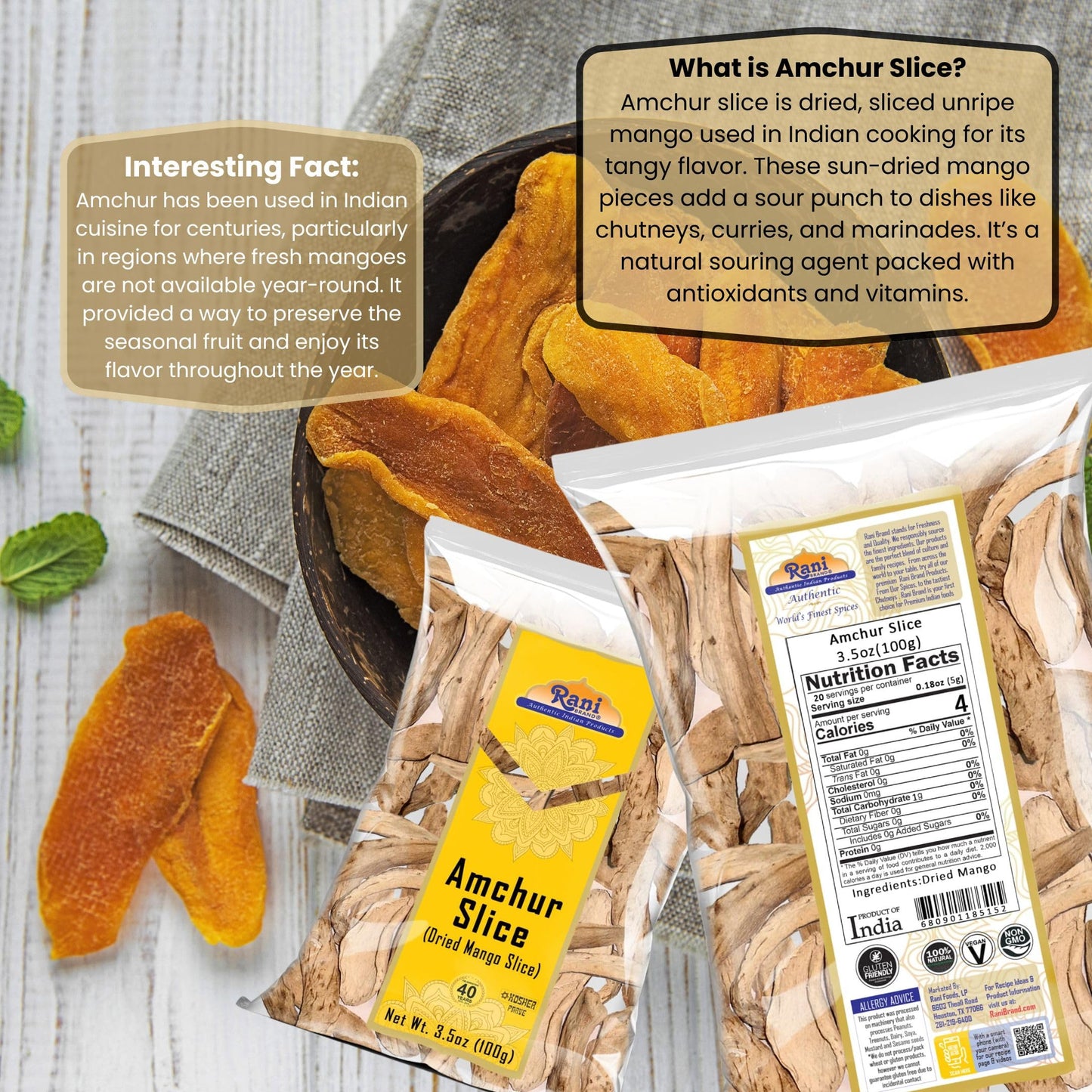 Rani Amchur (Mango) Dried Whole Slices Spice 3.5oz (100g) ~ All Natural, Indian Origin | No Color | Gluten Friendly | Vegan | NO