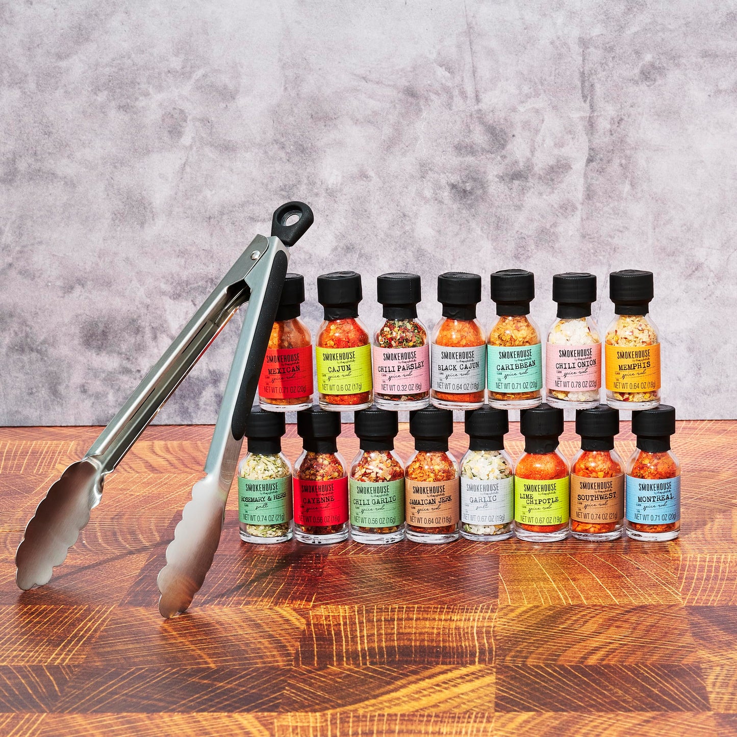 Thoughtfully BBQ Grilling Spices Set with Tongs, Magnet, Seasoning Rubs, 0.61 Ounce (Pack of 16)