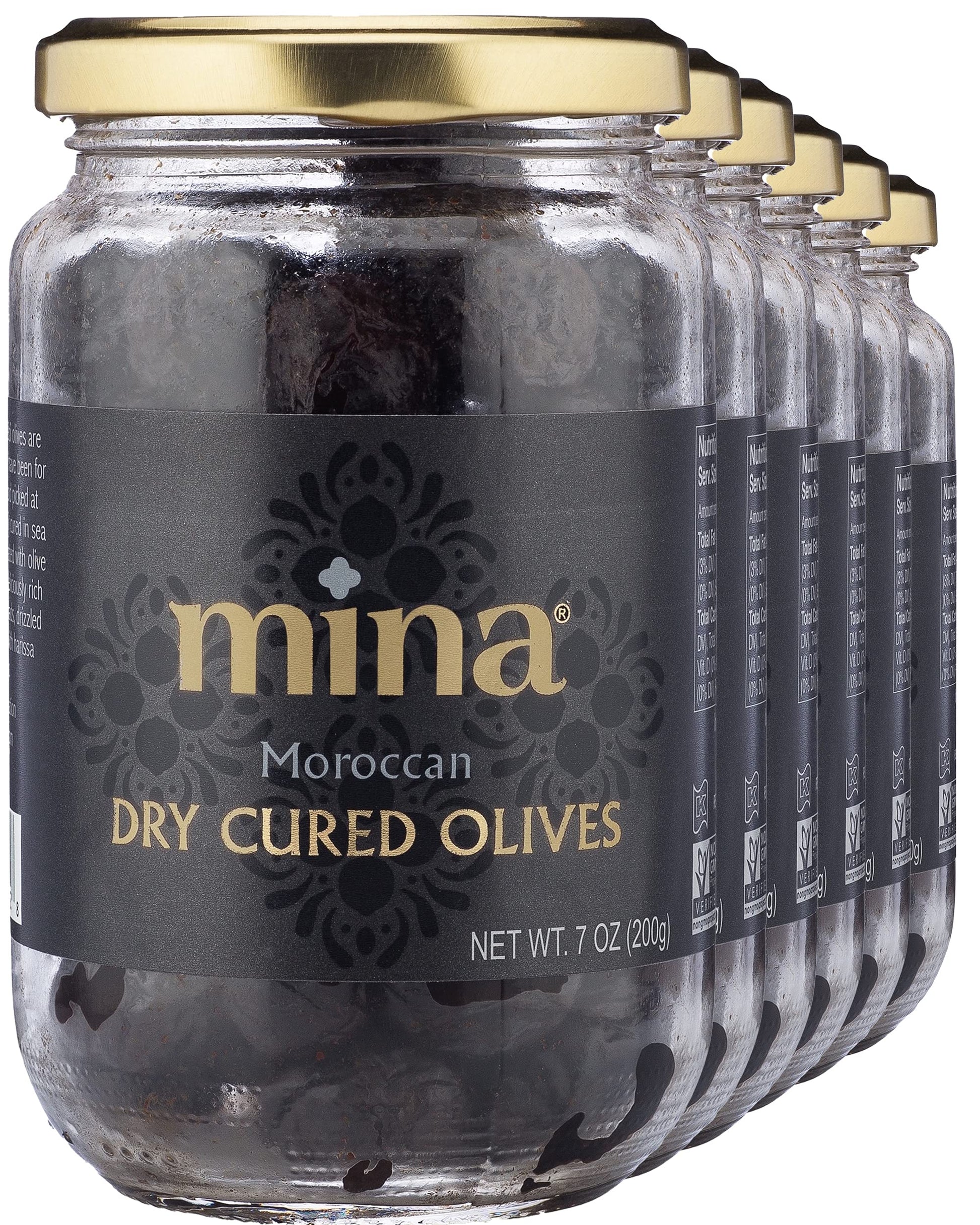 Mina Dry Cured Black Olives, Moroccan Olive Oil, 7 oz (Pack of 6), Non-GMO, Gluten-Free, Low Carb, Vegan Snacks