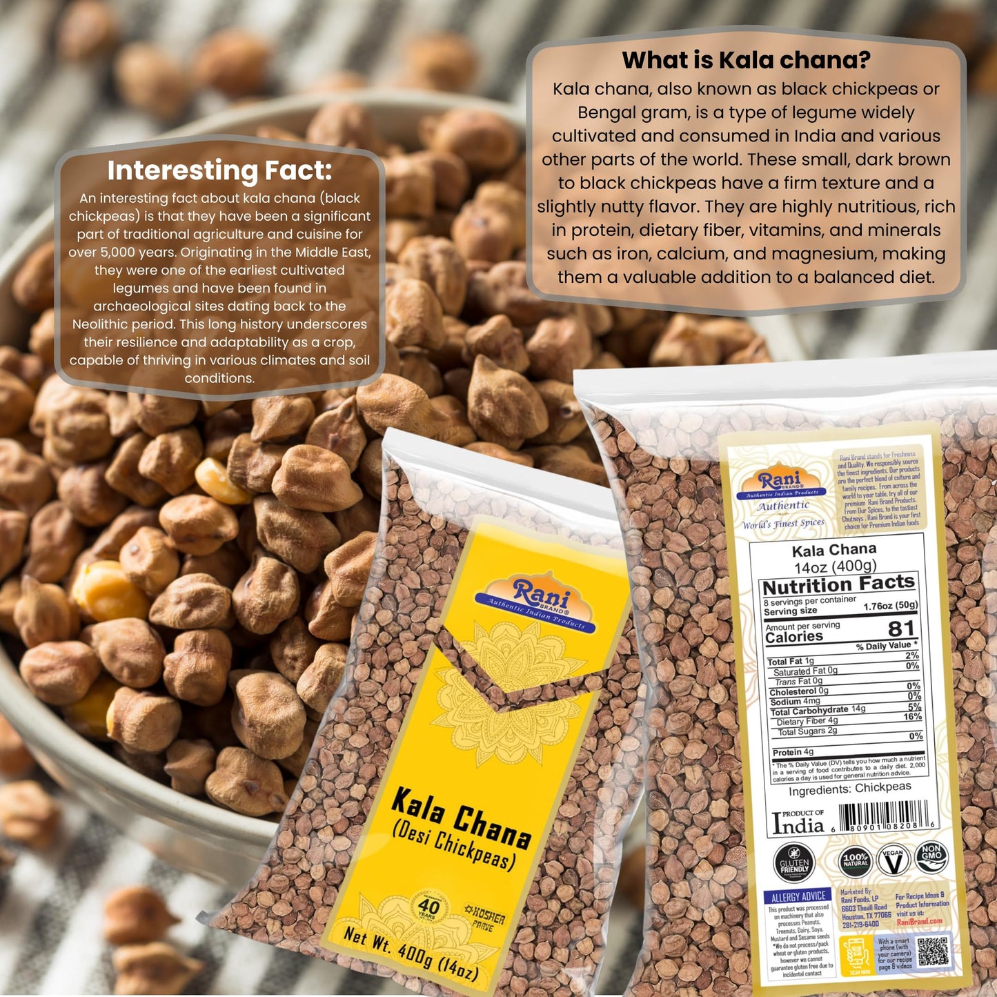 Rani Kala Chana (Desi Chickpeas Chana With Skin)14Oz (400G) ~ All Natural | Gluten Friendly | Non-Gmo | Kosher | Vegan | Indian