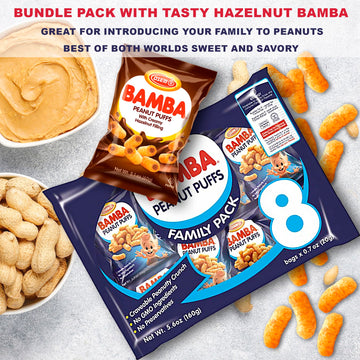 Osem Bamba Peanut Butter Puffs (Original and Hazelnut Bundle) All Natural Peanut Puffs Family pack + 1 2.1oz Bag of Hazelnut Bam