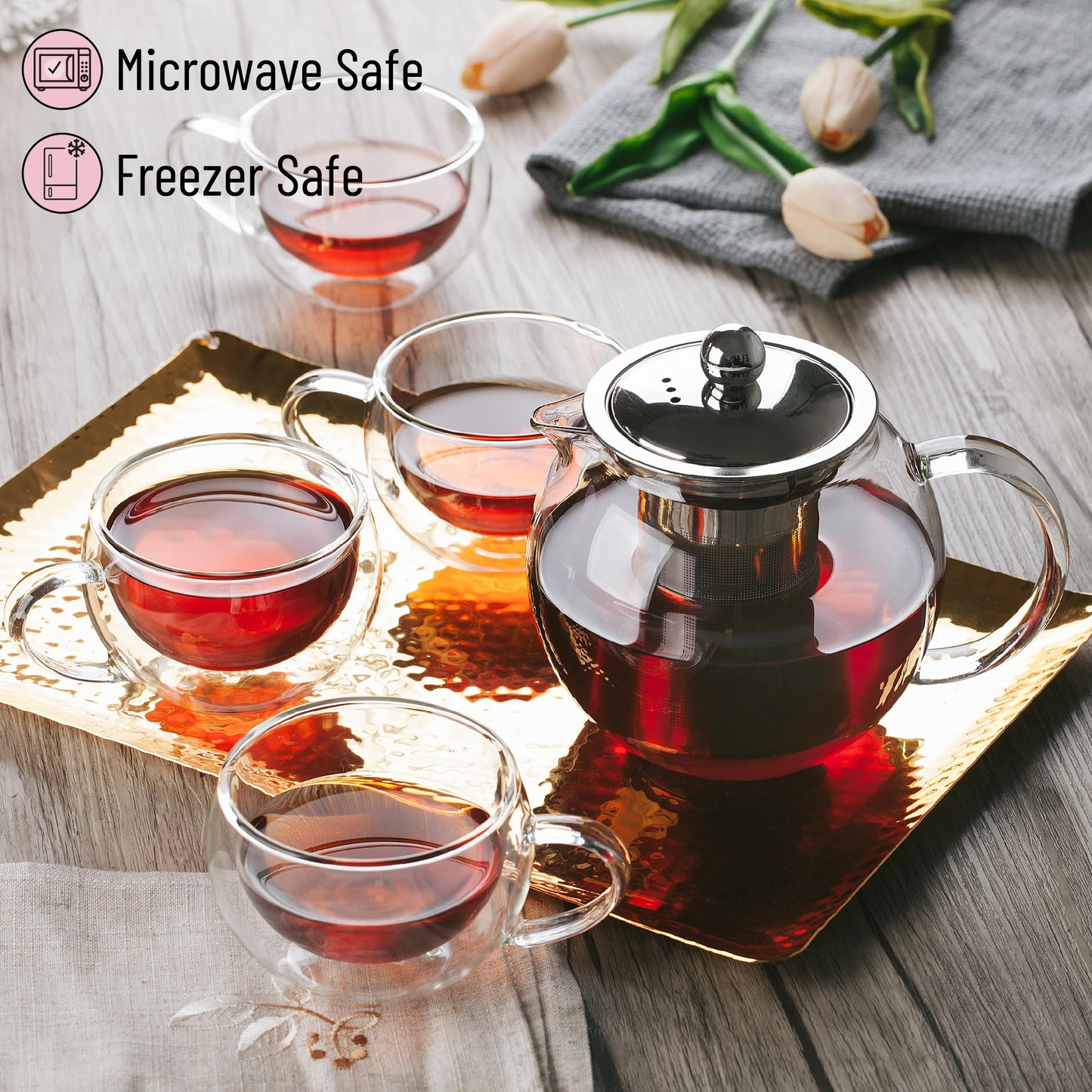 Btat- Glass Tea Pot Set, Set Of 4, Double Wall Glass Tea Cup And Kettle With Infuser, Christmas Gifts