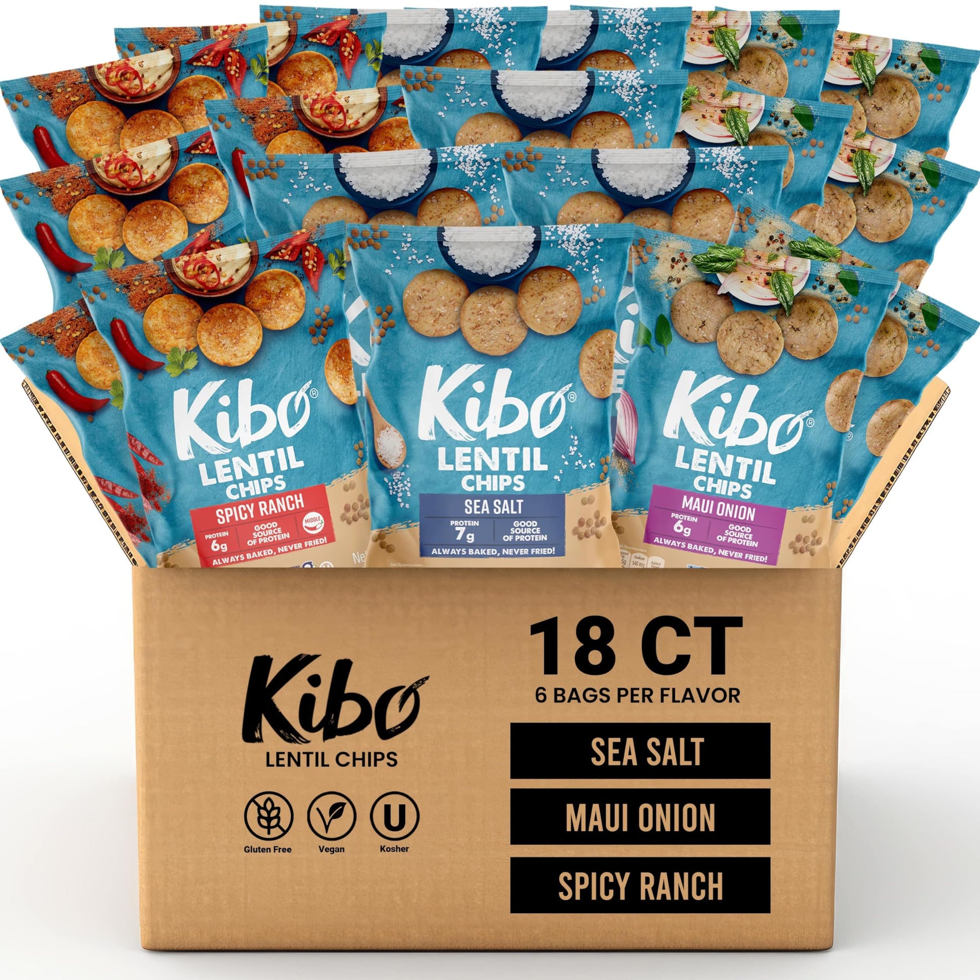 KIBO FOODS Lentil Chips Variety Pack - Gluten-Free, Vegan, Non-GMO, 28g, 18 Pack