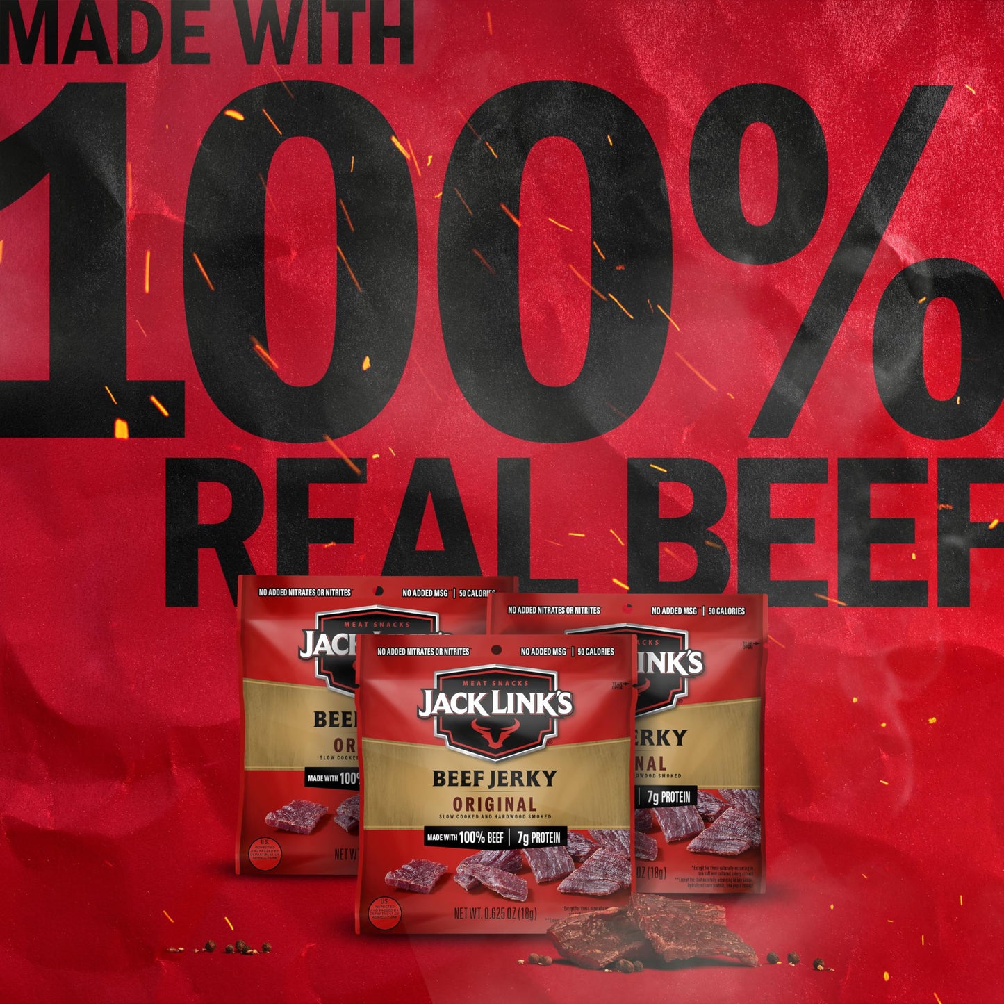 Jack Link s Beef Jerky  Original  Multipack Bags - Flavorful Meat Snacks for Lunches  Ready to Eat Protein Snacks  Individual Packs - 7g of Protein  Made with 100% Beef - 0.625 oz (Pack of 48)