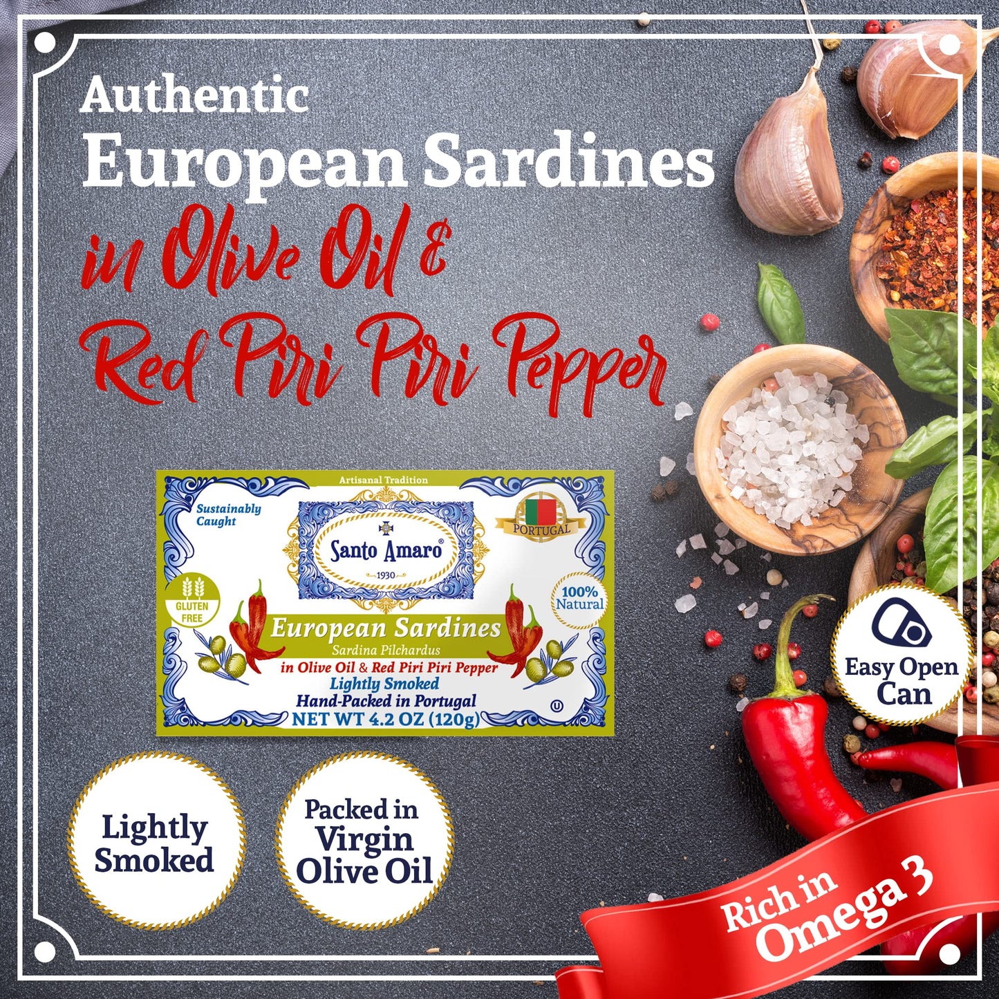 Santo Amaro Authentic Sardines in Olive Oil & Piri Piri, 4.2 oz (Pack of 3), Wild Caught, Lightly Smoked, 20g Protein