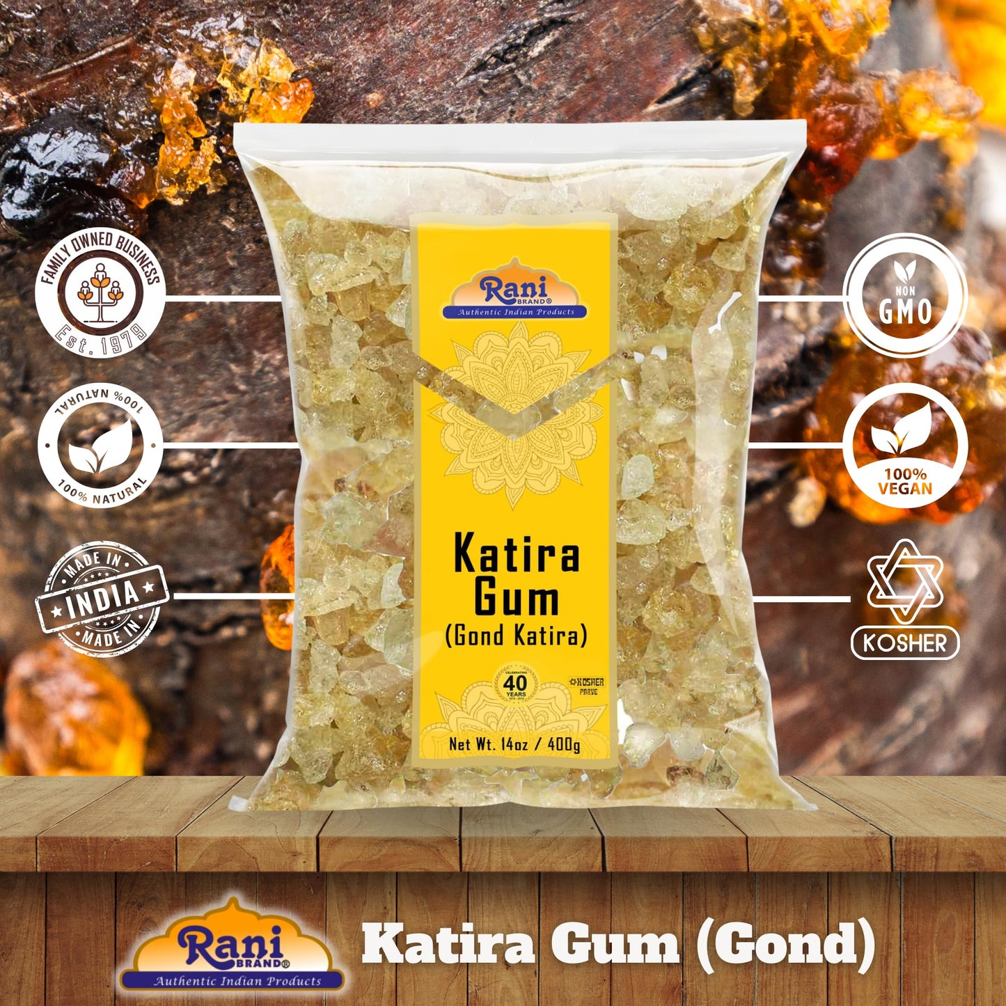 Rani Edible Gum Whole (Goonder Tragacanth Gum) 14oz - All Natural, Vegan, Gluten Friendly, NON-GMO, Indian Origin