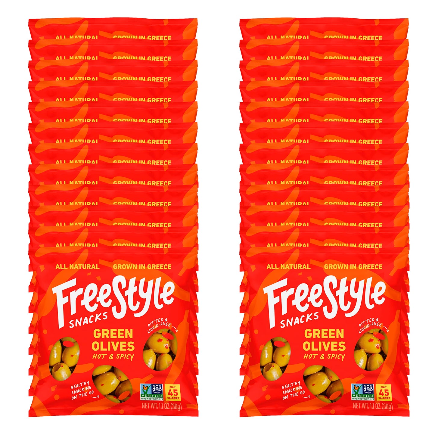 Freestyle Snacks Olive Snack Packs - As Seen On Shark Tank - Single Serve - Fresh Pitted Green Olives, Grown In Greece, All Natural, Non-Gmo, Sugar-Free, Salty Snack – Hot & Spicy, 1.1Oz (24 Pack)
