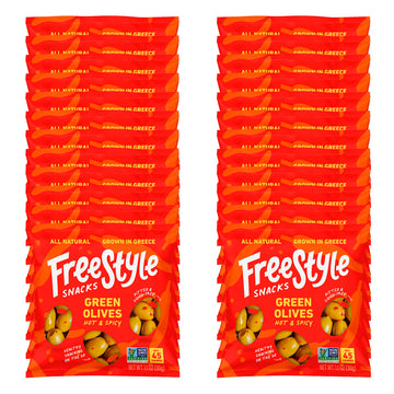 Freestyle Snacks Olive Snack Packs - As Seen On Shark Tank - Single Serve - Fresh Pitted Green Olives, Grown In Greece, All Natural, Non-Gmo, Sugar-Free, Salty Snack – Hot & Spicy, 1.1Oz (24 Pack)