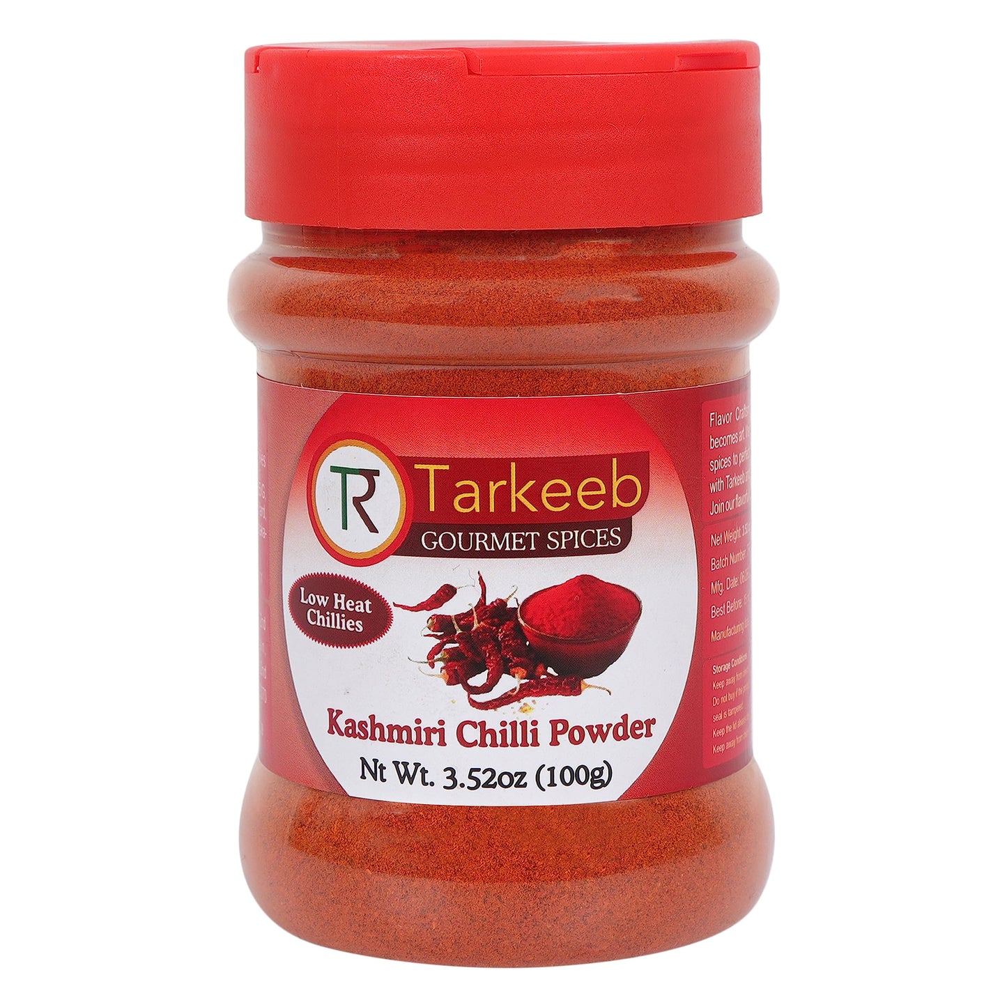 Tarkeeb Kashmiri Chili Powder (Deggi Mirch, Low Heat) 3.52 oz (100g) Shaker Top PET Jar | Authentic Indian Spice | All Natural |