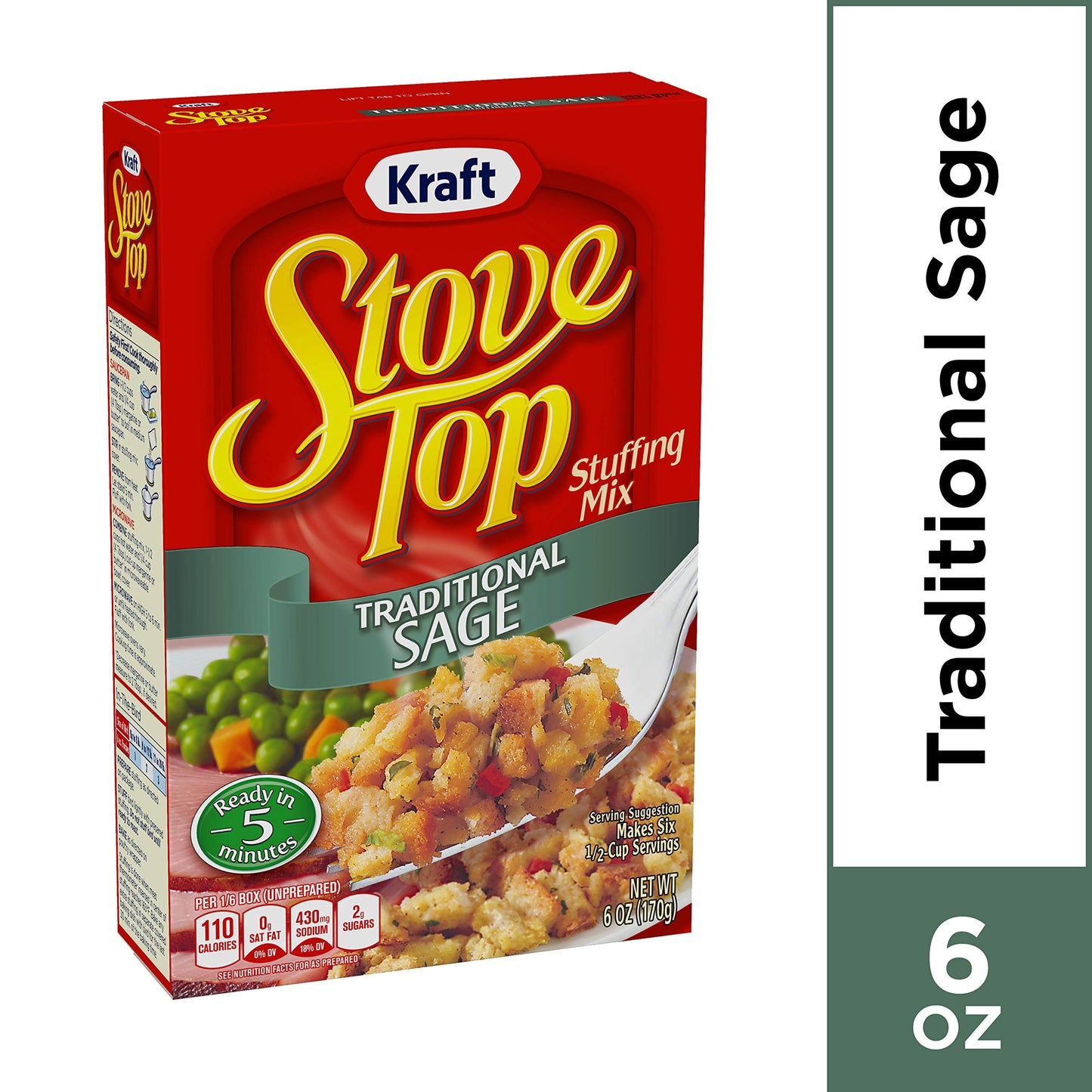 Stove Top Traditional Sage Stuffing Mix, 6 oz Box - Perfect for Thanksgiving and Holiday Meals, Flavorful and Easy to Prepare