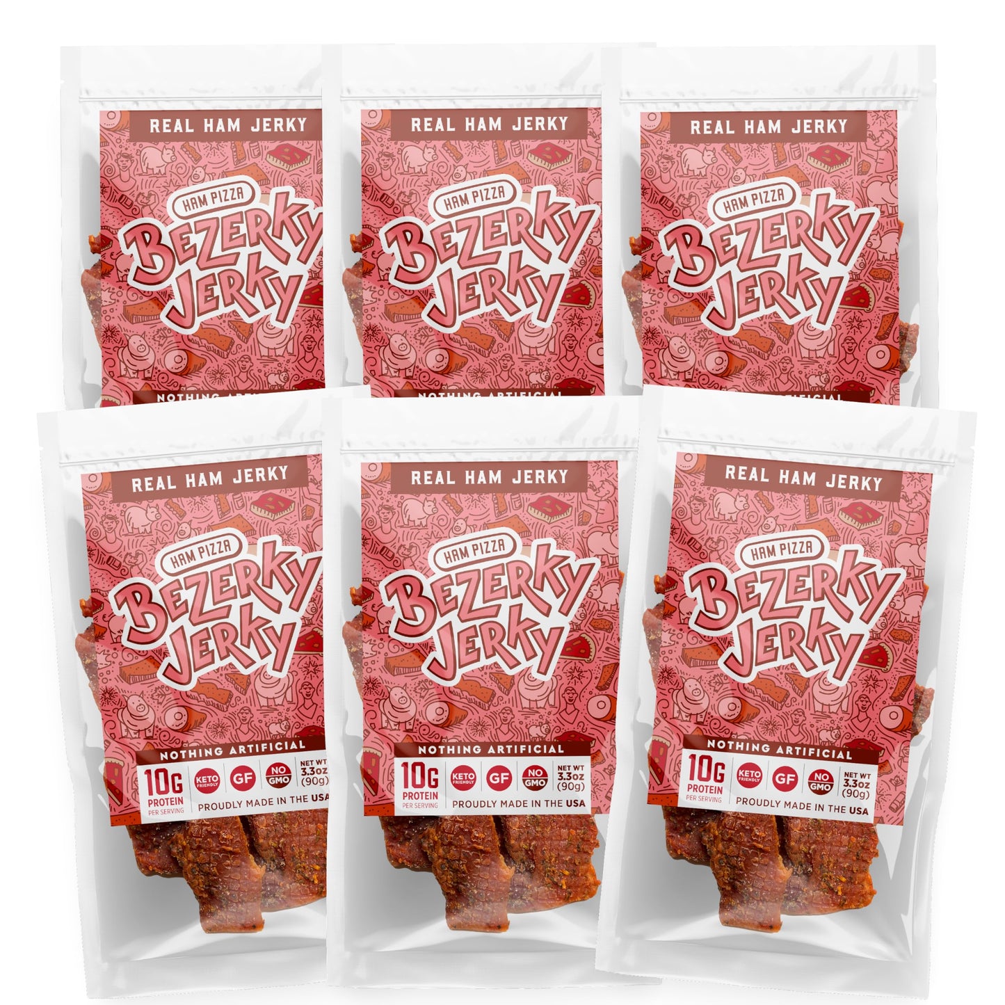 Bezerky Jerky Premium Ham Jerky | Gluten-Free | Low Fat High Protein | 3.3 oz (Pack of 6)