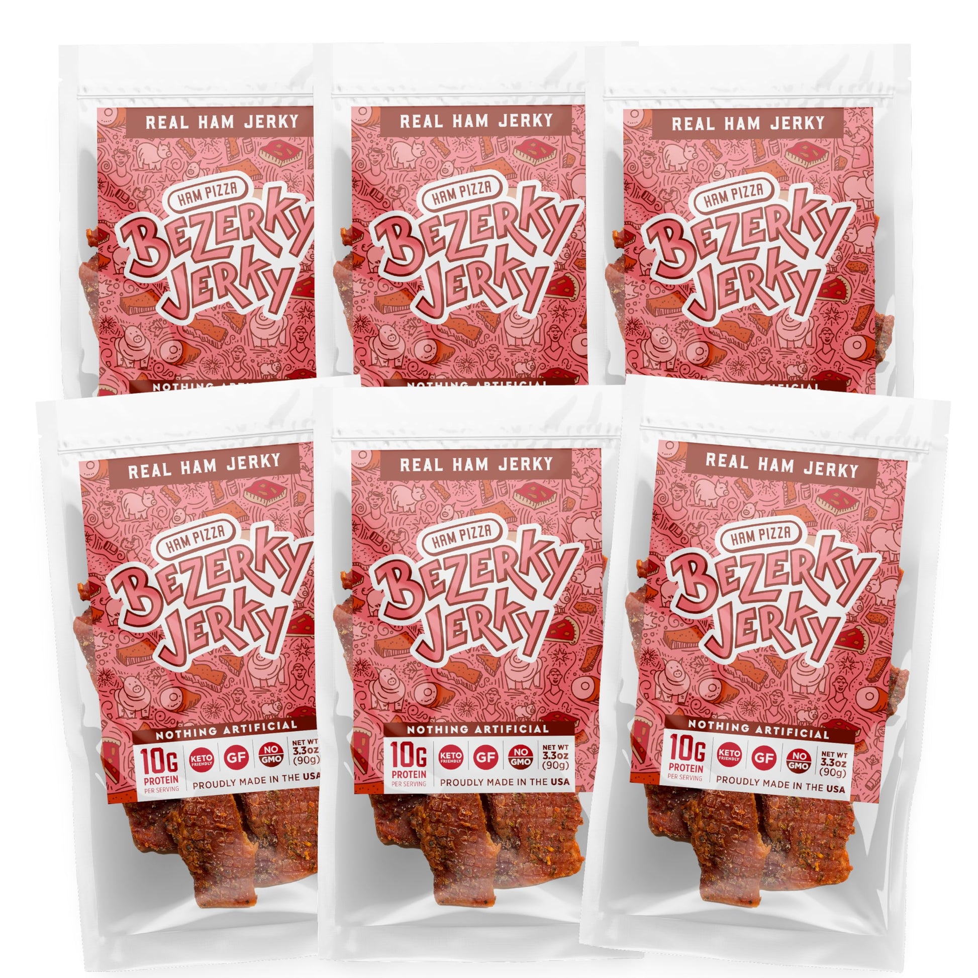 Bezerky Jerky Premium Ham Jerky | Gluten-Free | Low Fat High Protein | 3.3 oz (Pack of 6)