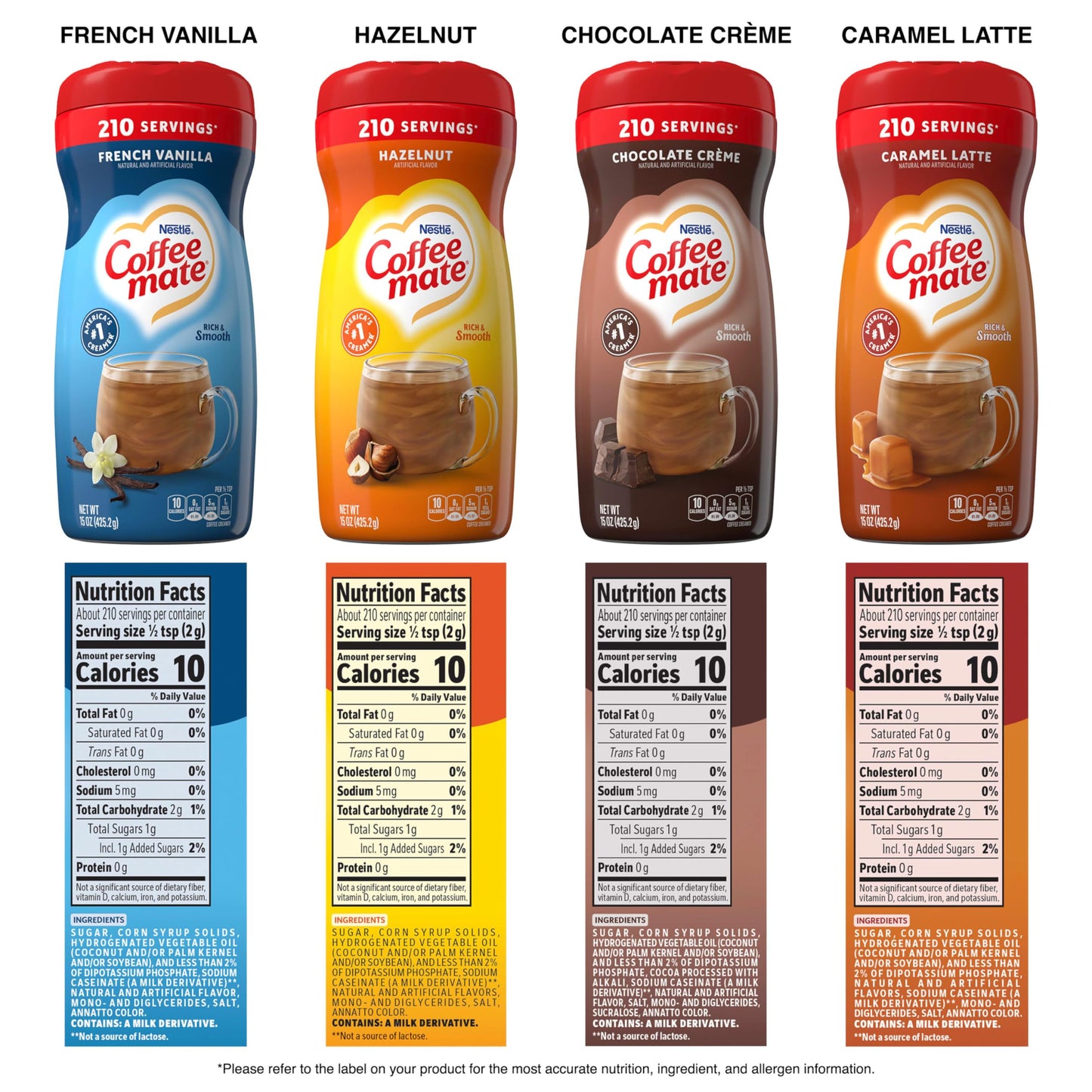 Nestle Coffee Mate Flavored Creamer 4 Pack Variety Pack (15 Oz Bottles) - Chocolate Crème, French Vanilla, Hazelnut, Caramel Latte