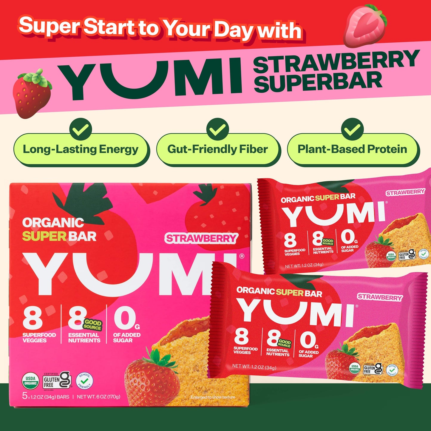 Yumi Organic Breakfast Superbar, Gluten-Free, No Added Sugar, 7+ Vegetables, Soft-Baked Crust, Healthy Snack Bars For Kids, School Safe, Healthy Alternative To Granola Bars Or Cereal Bars, Strawberry (30Ct)
