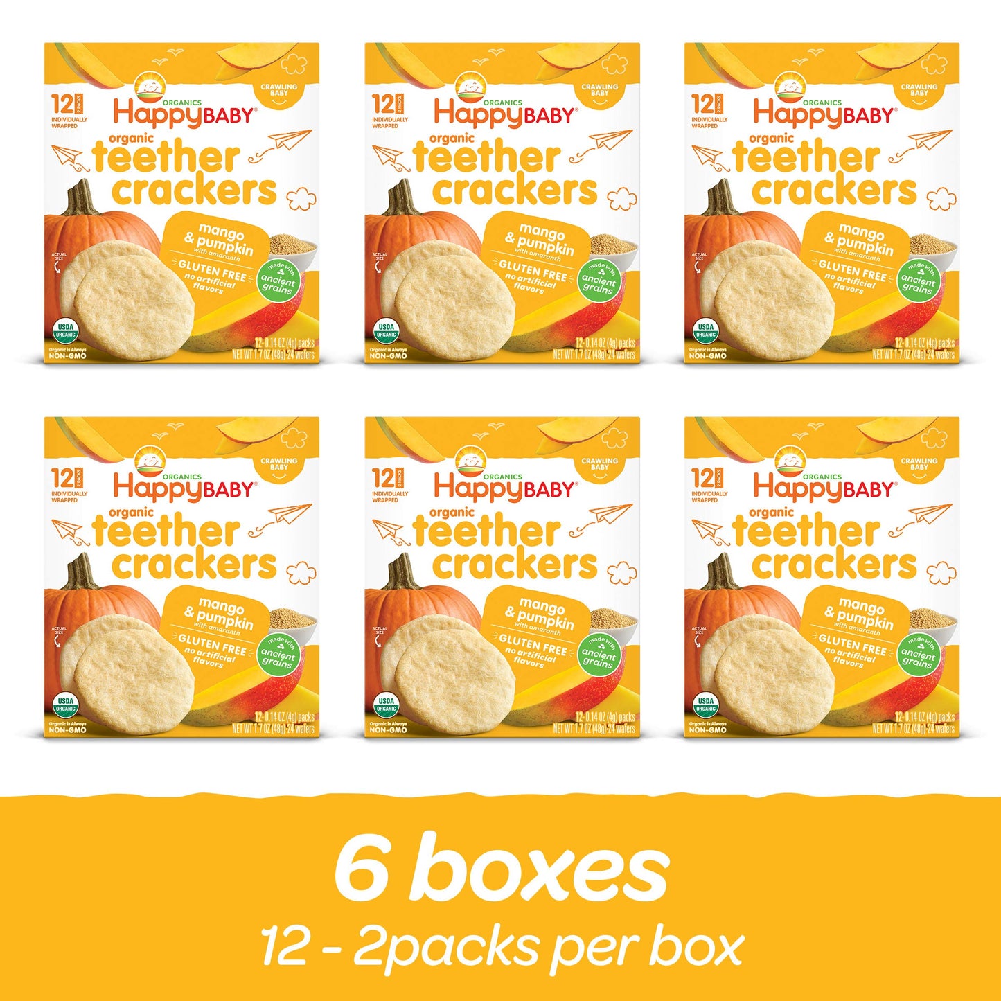 Happy Baby Organics Baby Snacks, Gentle Teething Crackers, Gluten Free & Vegan, Mango & Pumpkin, 12 Count (Pack Of 6)