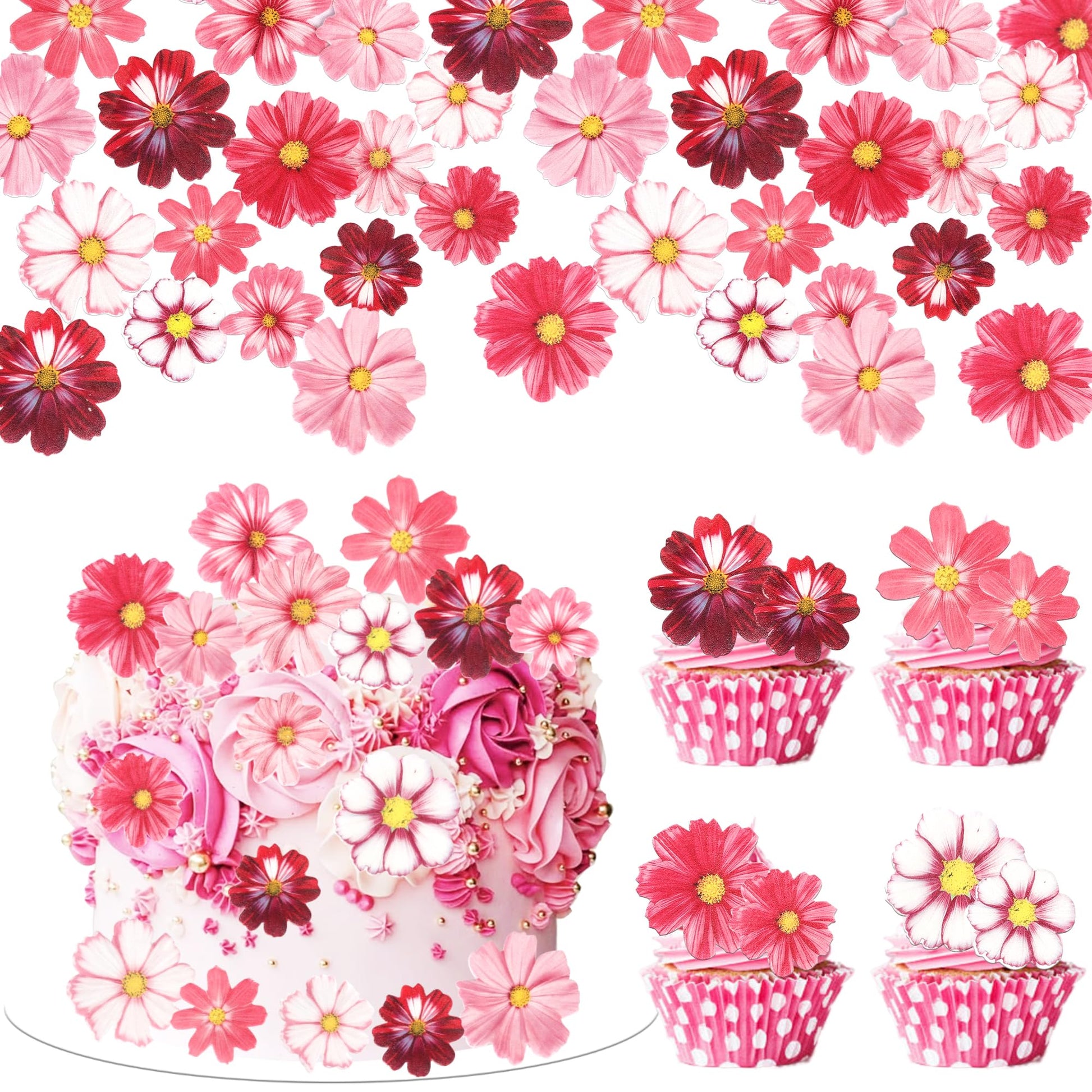 65 Pcs Edible Gosang Flowers Cupcake Toppers Wafer Paper Flower Birthday Party Decorations Edible Hibiscus Wildflower Cupcake Picks For Baby Shower Wedding Birthday Party Cake Decorations Supplies